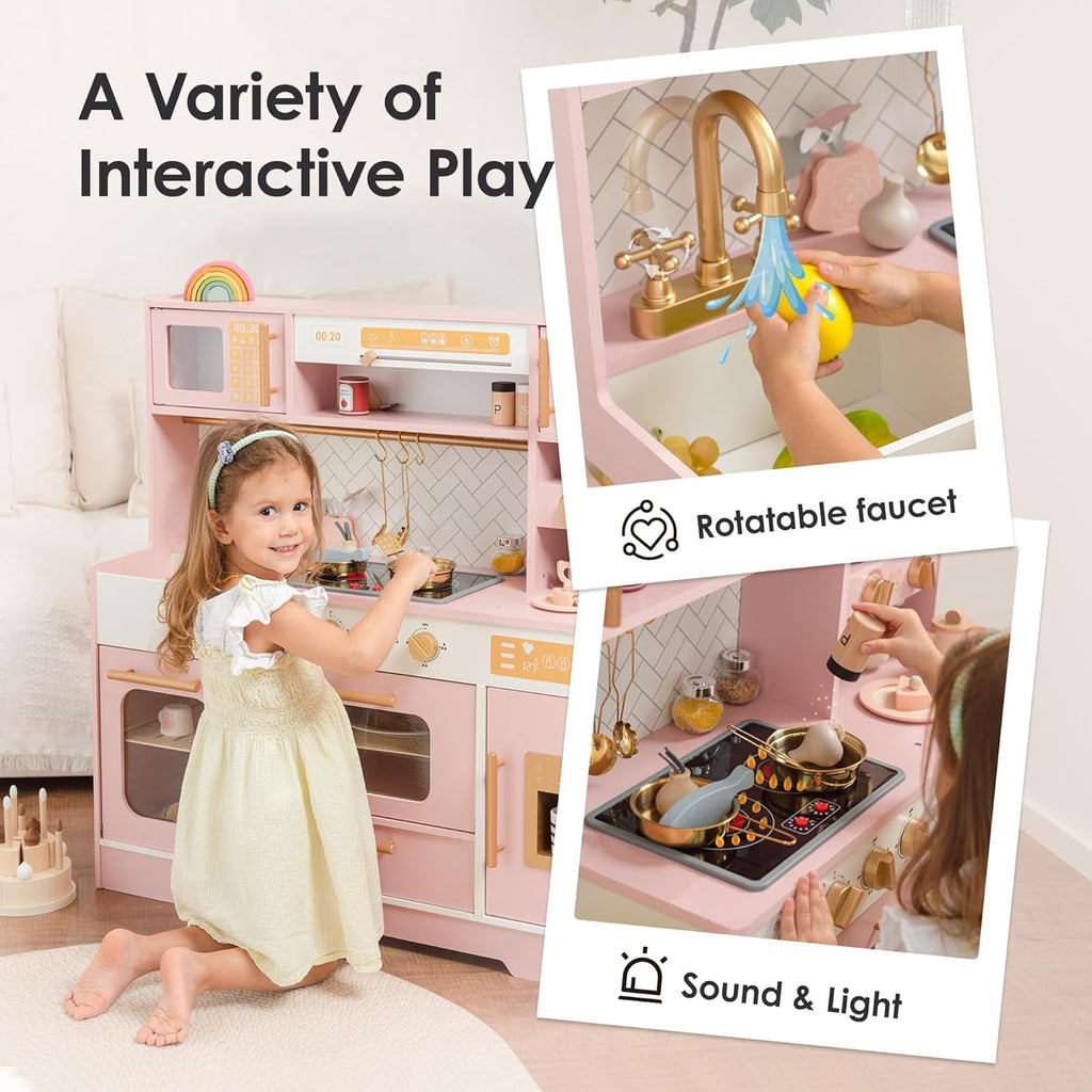 Track Seven Wooden Play Kitchen for Kids– Realistic Appliances, Storage & 15 Fun Accessories for Inspiring Pretend Play (Ages 3+), Pink