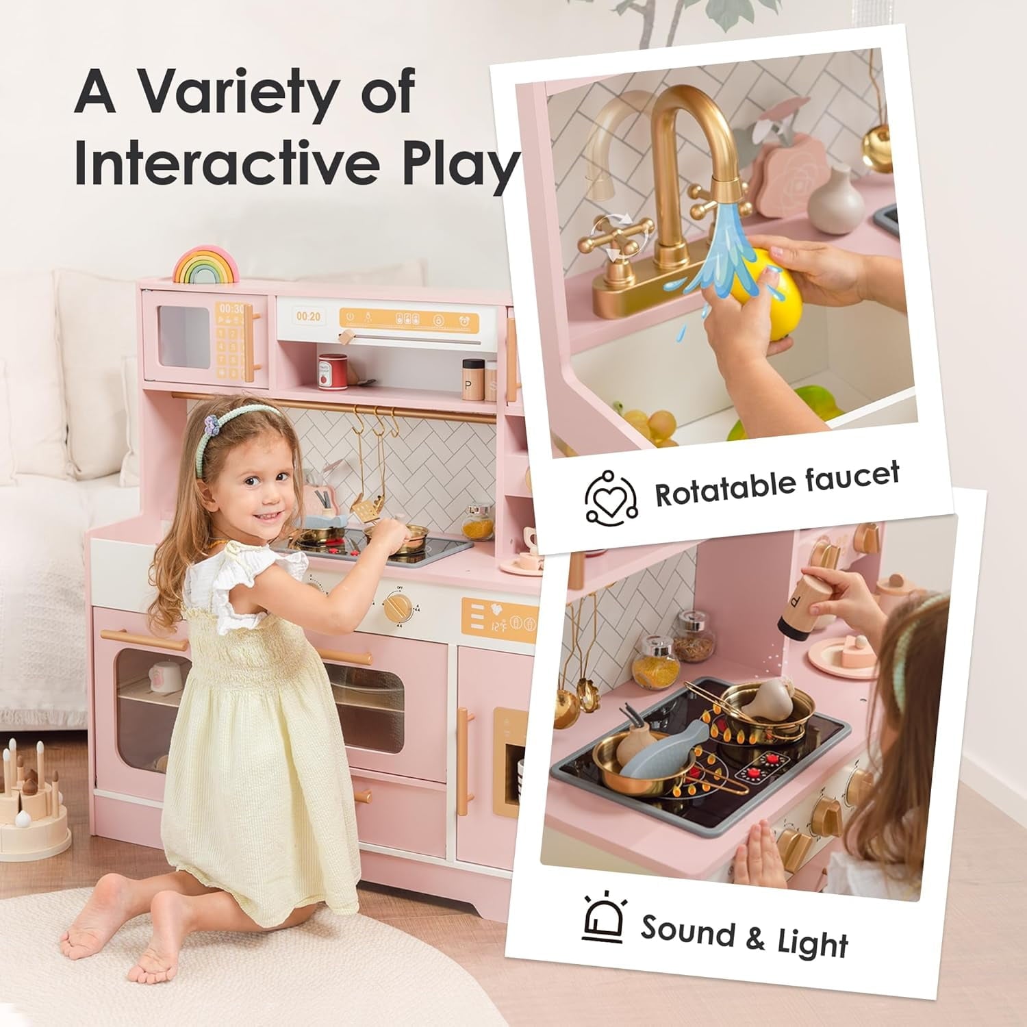 Track Seven Wooden Play Kitchen for Kids– Realistic Appliances, Storage & 15 Fun Accessories for Inspiring Pretend Play (Ages 3+), Pink