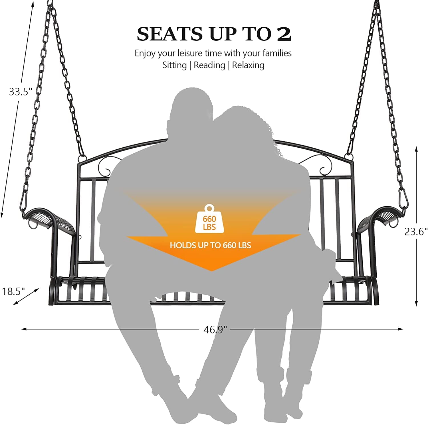 COOKCOK Double Metal Patio Swing Chair, for Outdoors, Gardens & Yards, 660lbs Weight Capacity, Black