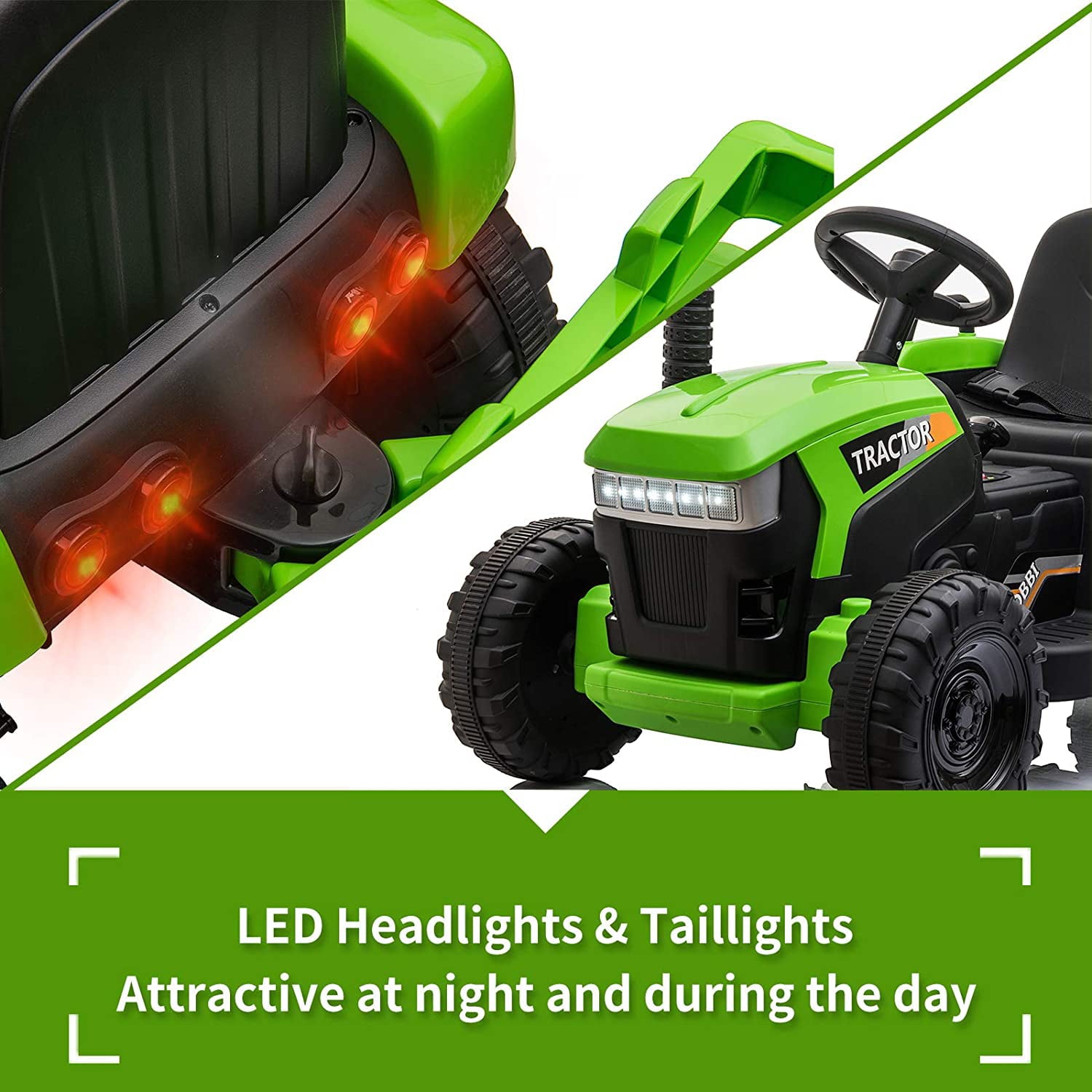 LISUEYNE 12V Ride on Tractor with Trailer,  Electric Car with Music, USB, LED Lights, Ride on Car for Kids Age 3-6 Years, Max Speed 5mph, Green