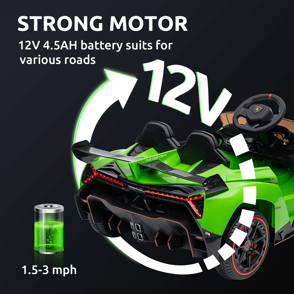 Track 7 12V Kids Ride on Car, Licensed Lamborghini Veneno Electric Car with Remote Control, Music, Age 3+, Green