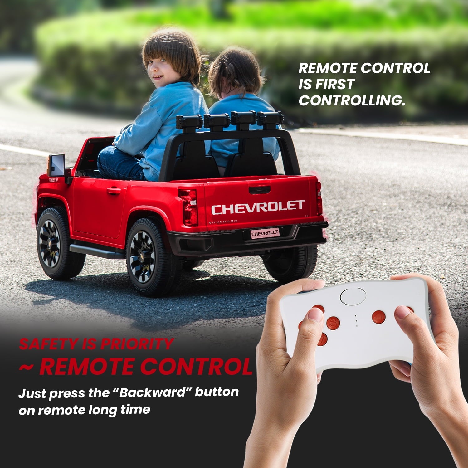 Track Seven 24V Ride on Car, Licensed Silverado HD 2 Seater Electric Car for Boys Girls Age 3+, 24V Ride on Truck w/Remote Control, Music, ABC, Red