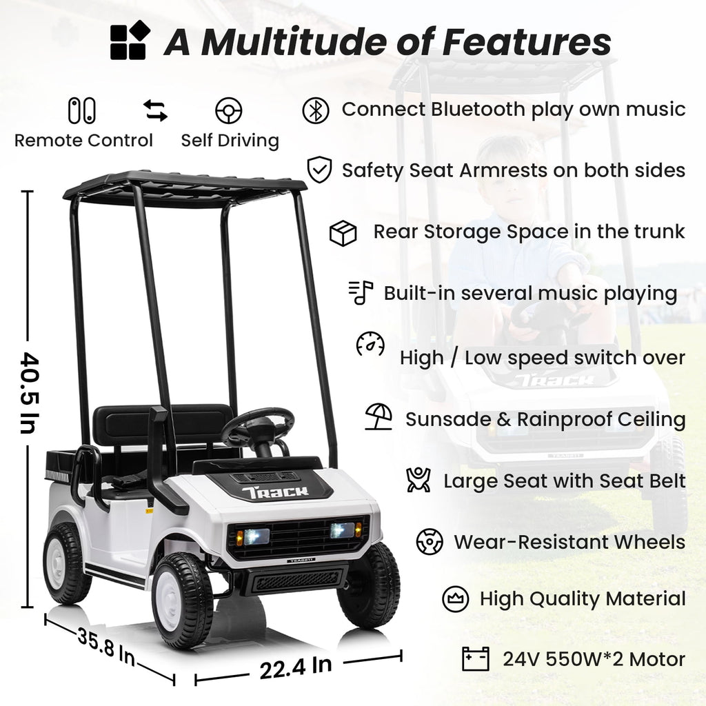 Track Seven 24V Ride on Car, Electric Golf Cart with Ceiling, Ride on Truck with Remote Control, Music, Rear Storage Box, Electric Car for Boys Girls Age 3+, 18.5" Large Seat with Armrests, White