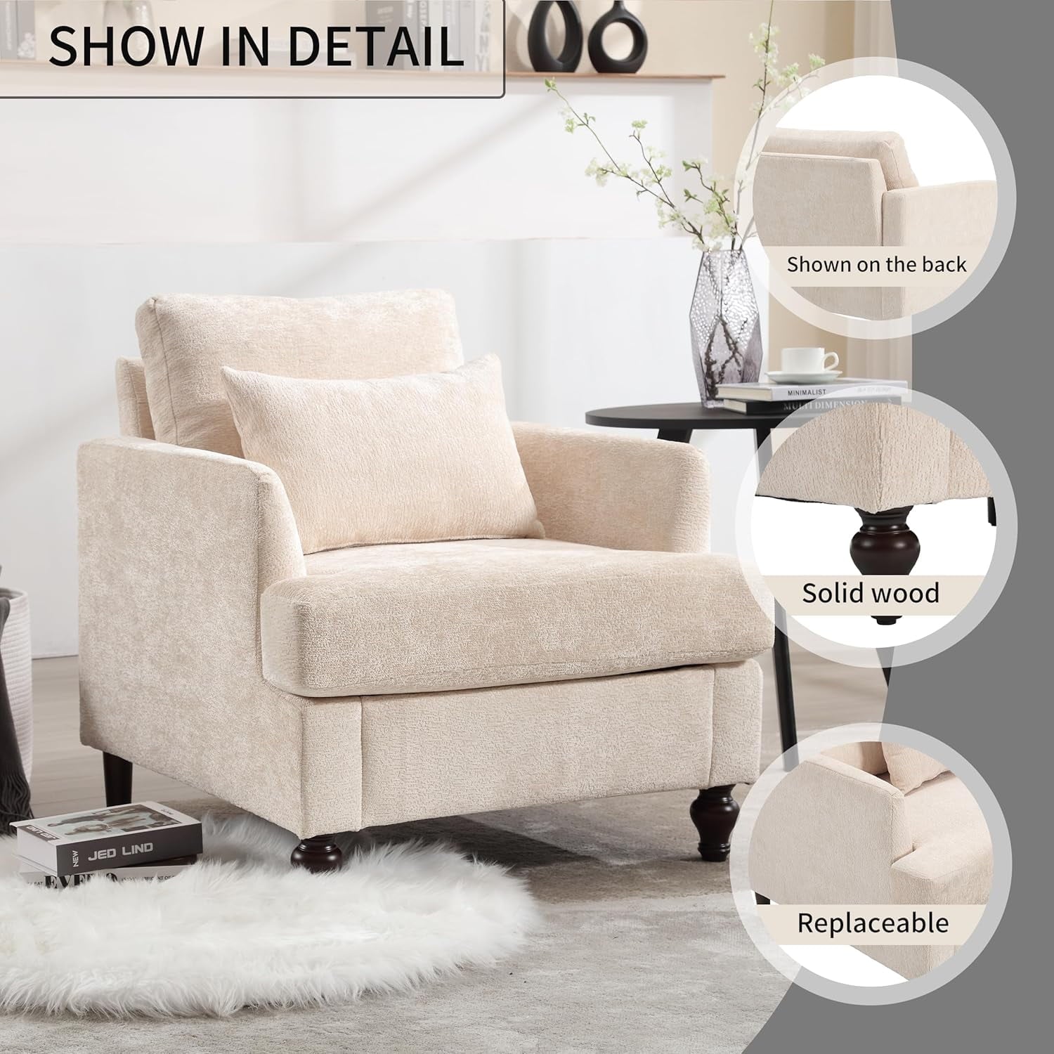 BISHE Mid Century Modern Armchair, Solid Wood Frame Accent Chair with Tufted Chenille Upholstery & Studded Details, Comfortable Lounge Chair for Living Room, Bedroom or Reading Nook, Beige