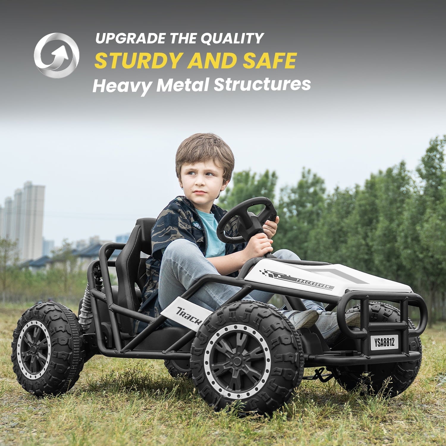 Track 7 24V Electric Go Kart, Racing Go Kart, Independent Electronic Brake Foot Pedal, Durable Full Steel Frame, 7 Mph Max Speed Electric Go Kart, 24V Outdoor Ride On Car for Kids Age 6+, White