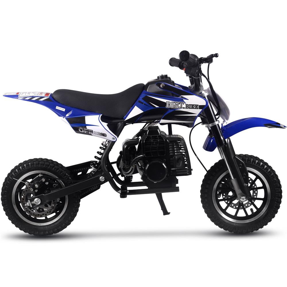 Track 7 50CC 2-Stroke Kid Dirt Bike, Off Road Gas Motorcycle, Trail Bike Up to 25Mph, EPA Approved Kids Gas Dirt Bike W/Rear Suspension, Pull Start, Front & Rear Disc Brake, Blue