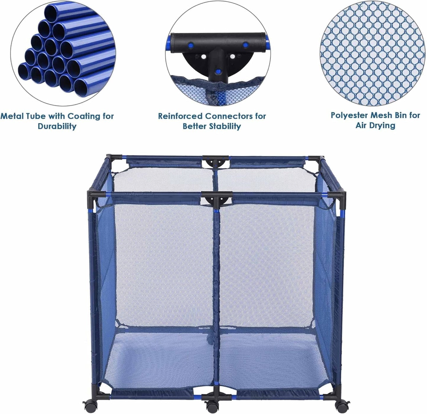 COOKCOK Pool Storage Bin Cart, Rolling Pool Storage Mesh Basket Organizer, Large Capacity Swim Accessories Holder for Pool Balls, Noodles, Floats, Beach Towels, 36" L x24 W x 35"H, Blue
