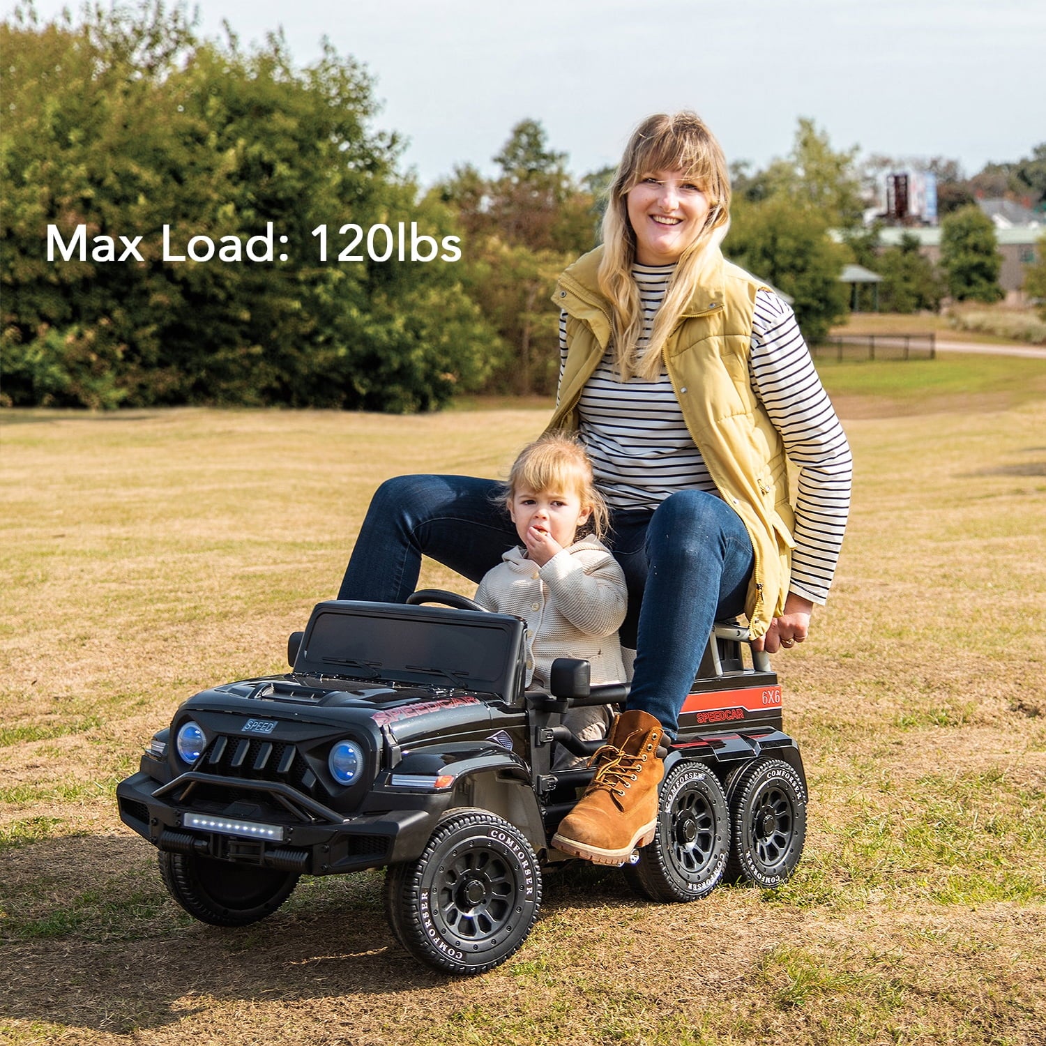 Track 7 24V Ride on Car, 4WD Electric Car for Boys Girls Age 3+, 6 Wheels Ride on Car with Remote Control, Music, Lights, Rocking Mode, Storage Box, Red
