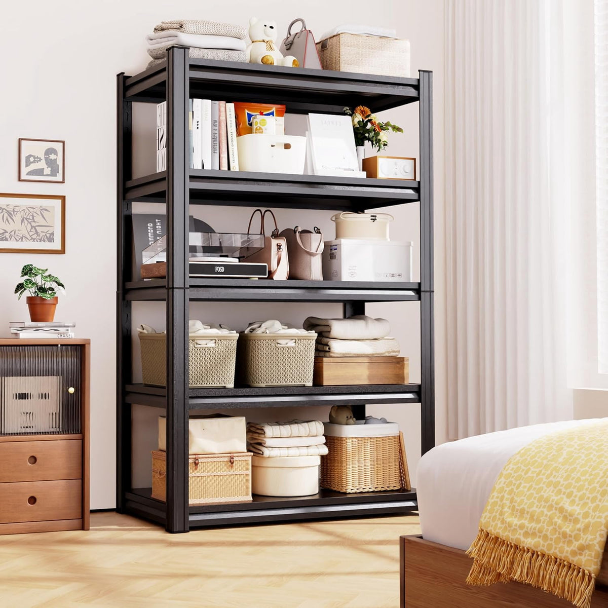 COOKCOK 5-Tier Garage Shelving, Adjustable Metal Storage Shelf, 2200LBS Heavy Duty Storage Shelves, Ideal for Garage, Warehouse, or Home Organization, 39.4" x 19.7" x 63", Black