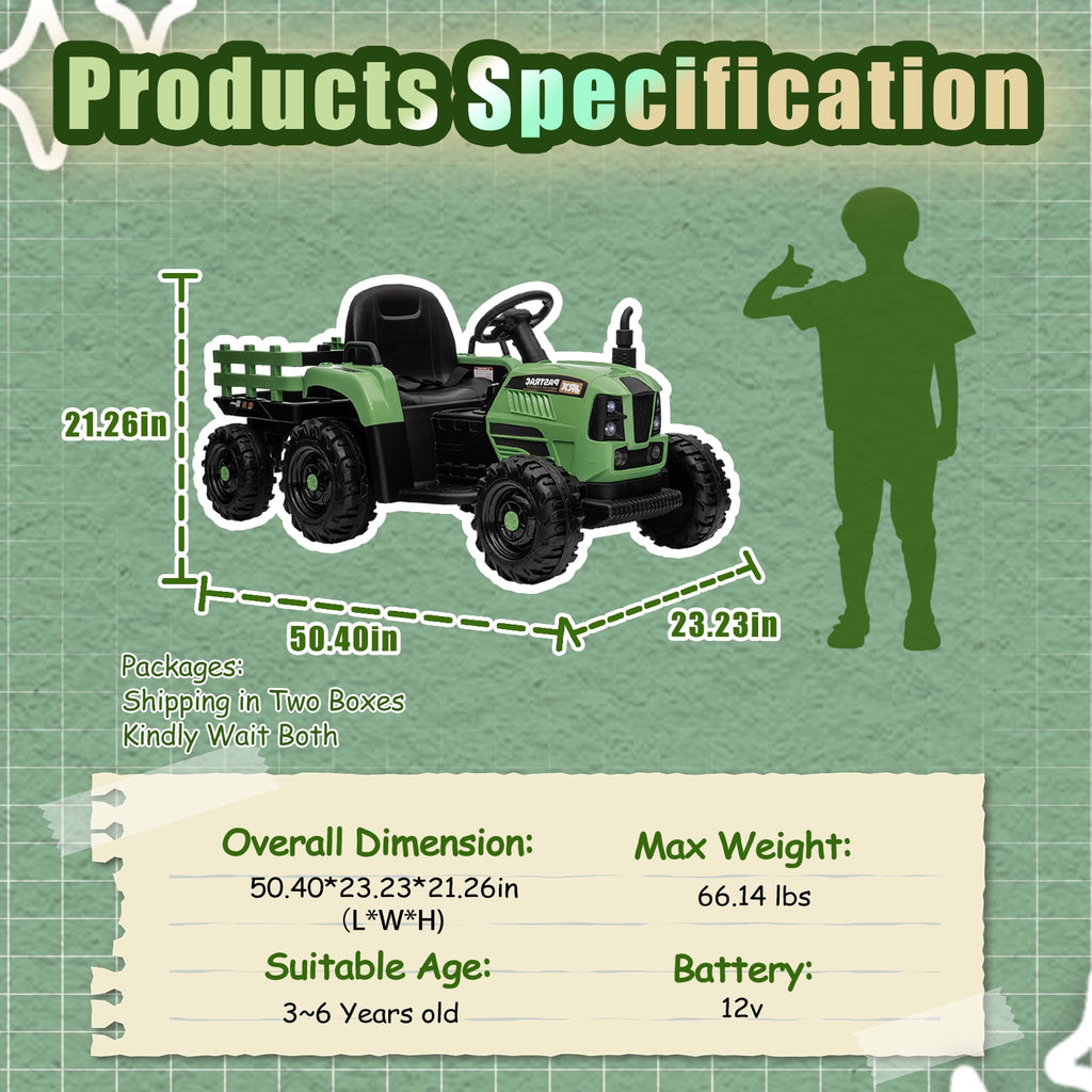 SUSIELADY 12V Kids Ride On Tractor with Trailer, with Parent Remote Control, 3 speed adjustable, with USB, MP3, Bluetooth, LED light, Two-point Safety Belt, for Kids 3+