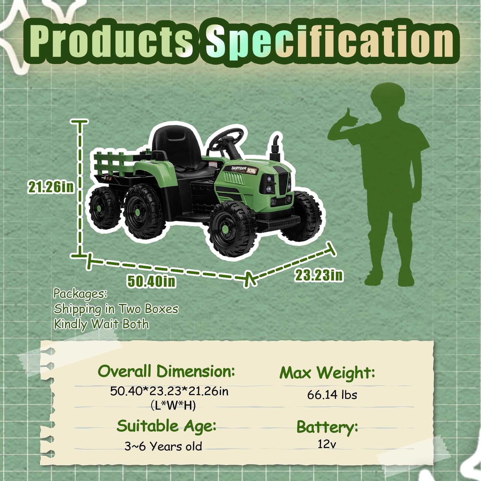 SUSIELADY 12V Kids Ride On Tractor with Trailer, with Parent Remote Control, 3 speed adjustable, with USB, MP3, Bluetooth, LED light, Two-point Safety Belt, for Kids 3+