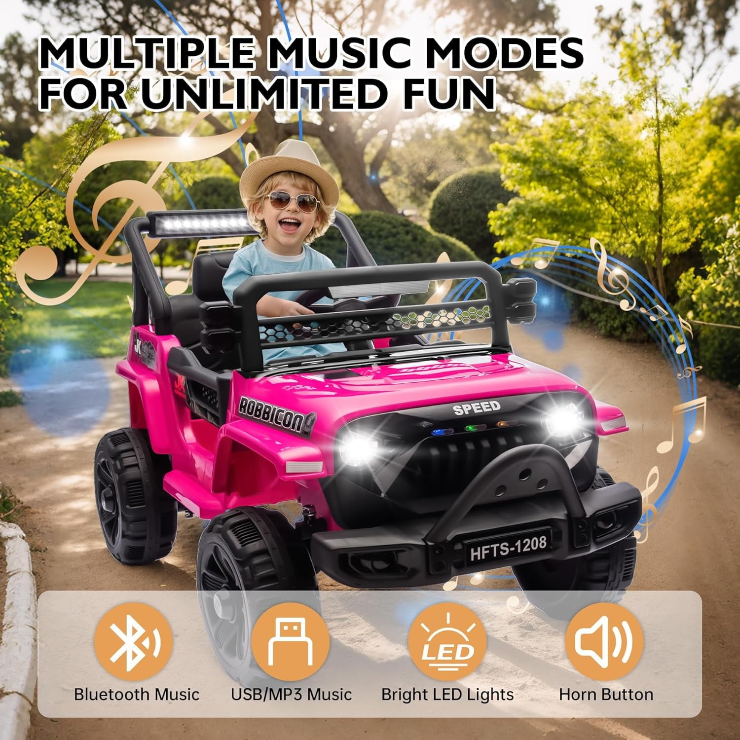 Track 7 Kids Ride on Truck, 12V Electric Truck Car with Remote Control, USB, Bluetooth, Microphone Jack, LED Lights, Ride on Car for Boys Girls, PInk