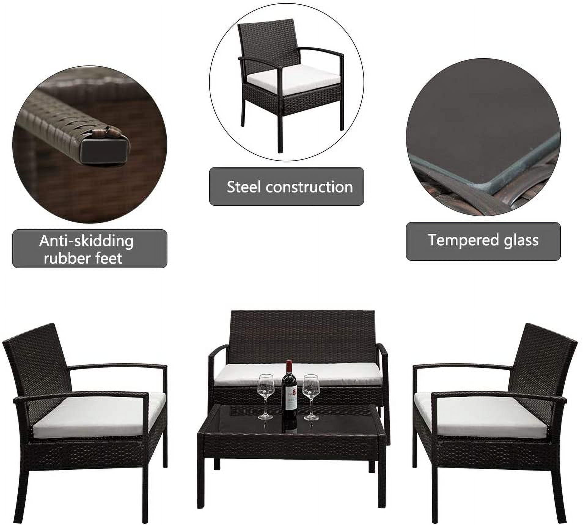 COOKCOK Patio Furniture Sets of 4, PE Rattan Conversation Furniture Set w/2pcs Arm Chairs 1pc Love Seat & Tempered Glass Coffee Table, Rattan Sofa Conversation Sets for Garden, Patio, Poolside, Brown
