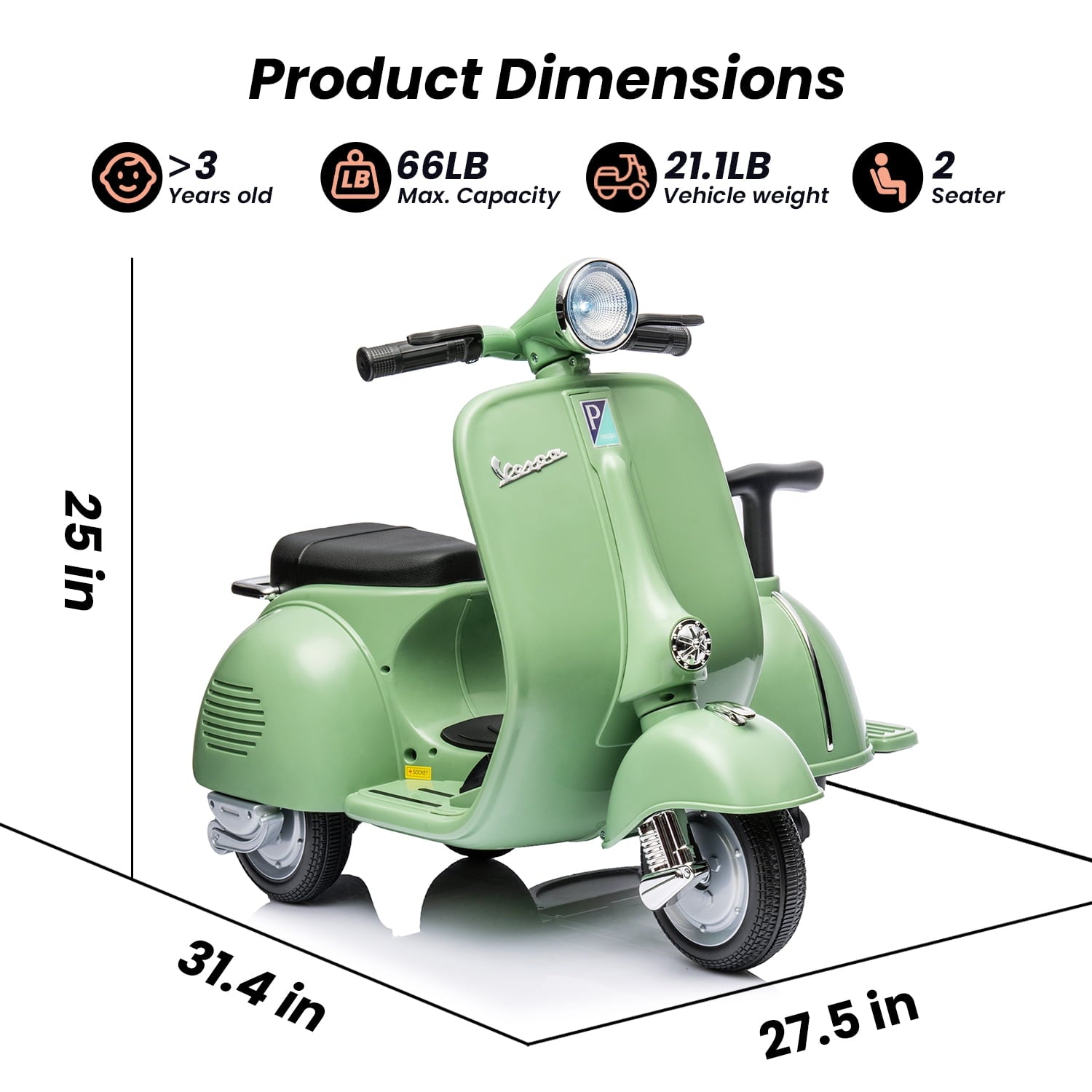 Track Seven 2-Seater Ride on Motorcycle, Licensed Vespa Electric Motorcycle with Side Car, 2-Seater Ride on Car, Music, Storage Bin, Max Speed 3.7mph, Green