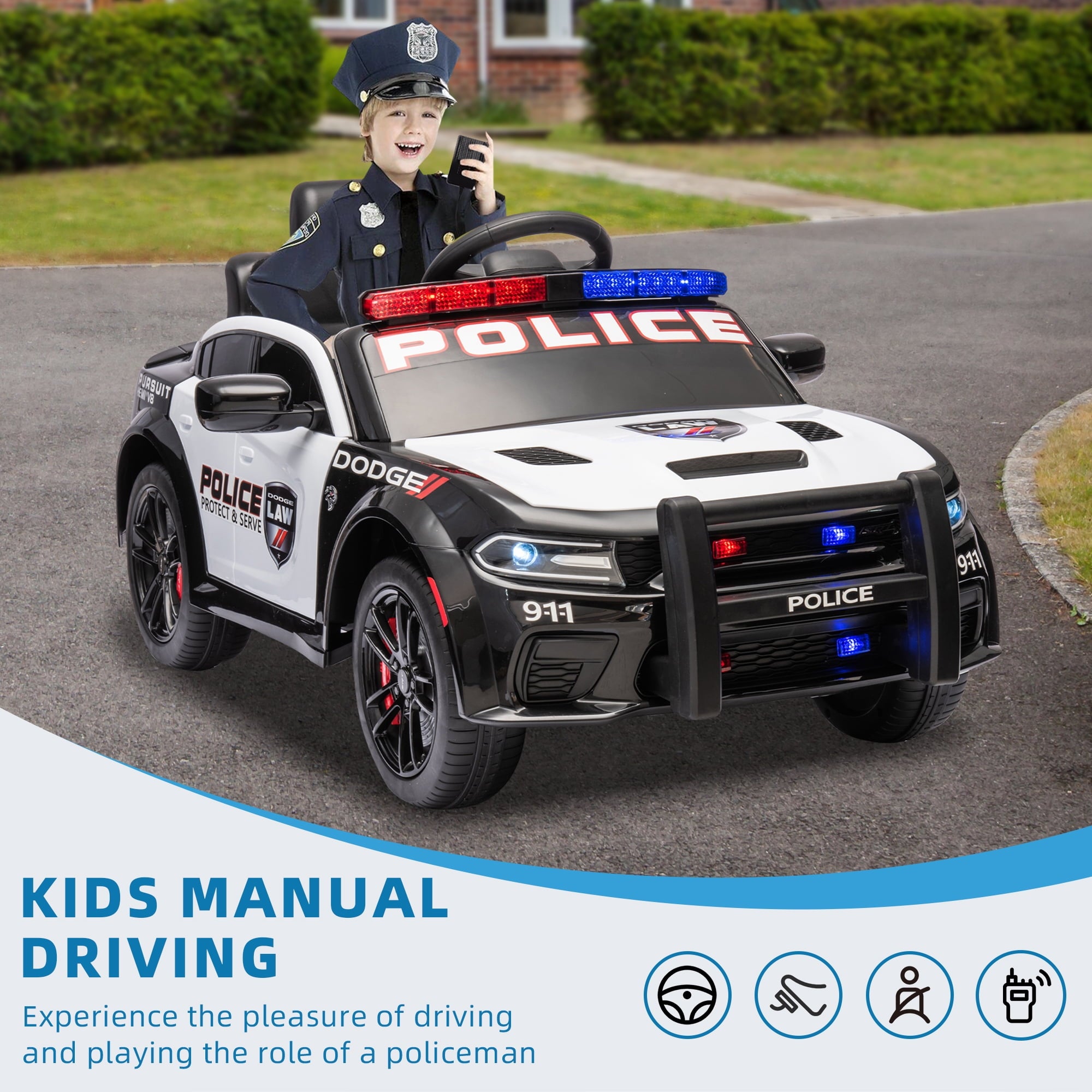 SUSIELADY 12V Kids Ride on Police Car, Licensed Dodge Charger, with Anti-Collision Bar, Front & Top Alarm Light, 4 Wheel Suspension, Remote Control, Sticker, Megaphone