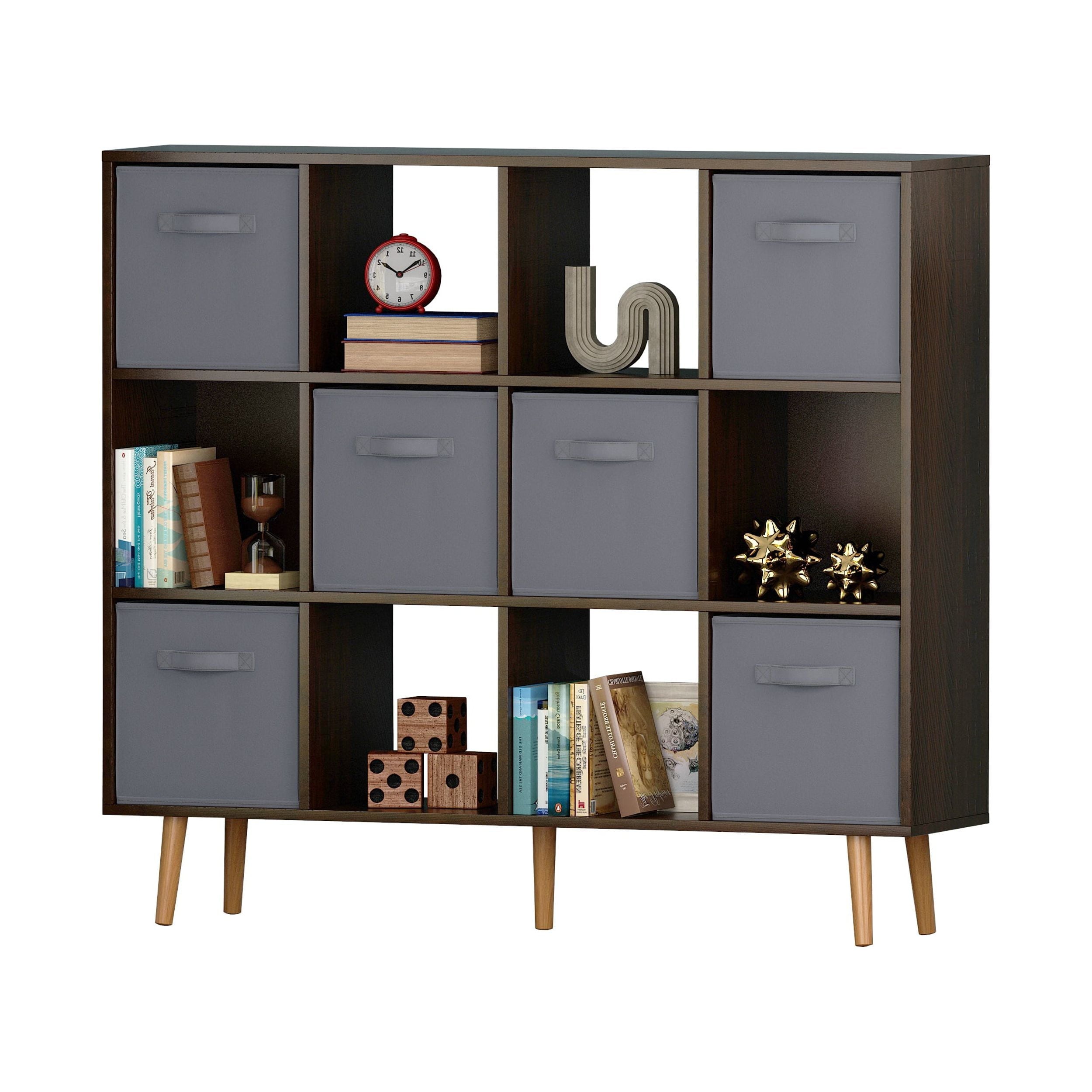 COOKCOK 12-Cube Storage Organizer, Bookshelf with Storage Bins, 4 Tier Freestanding Open Bookshelf with 6 Nonwoven Fabric Drawers,Brown