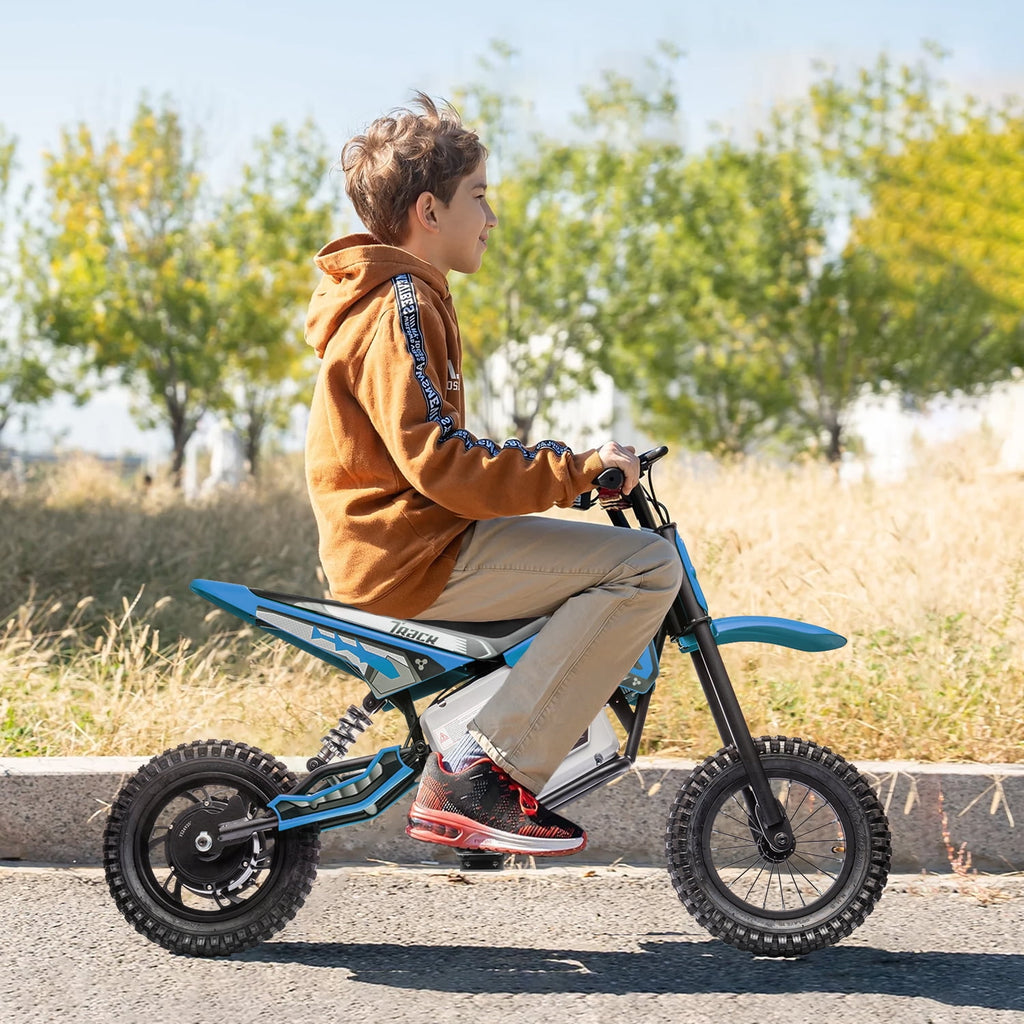 Track Seven 24V Electric Dirt Bike, 250W Ride on Motorcycle with Twist Grip Throttle, Hand-Operated Dual Brakes, Speed Up to 10 MPH, for Age 8-12, Blue