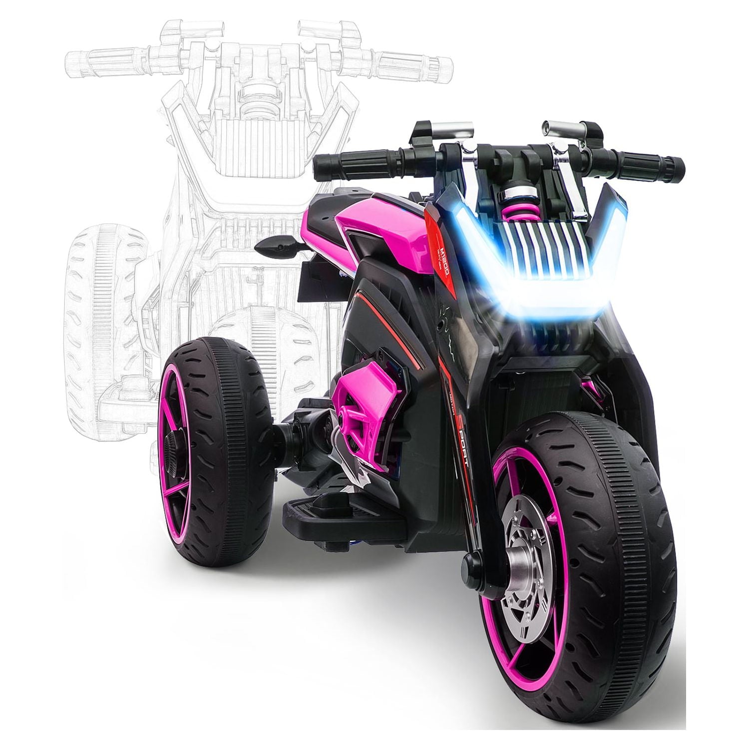 Track 7 Kids Ride on Motorcycle, 12V Electric Trike Motorcycle for Boys Girls Age 3+, 3 Wheels Motorcycle, Music, Pink