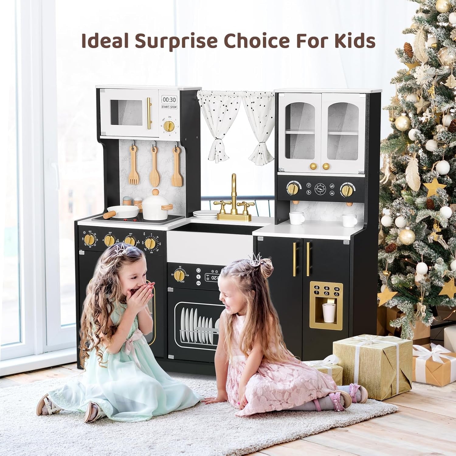 Track Seven Wooden Play Kitchen Set for Kids, Toddler Kitchen Playset with Real Lights & Sounds, Including 14 Pcs Accessories, Gift for Girls and Boys