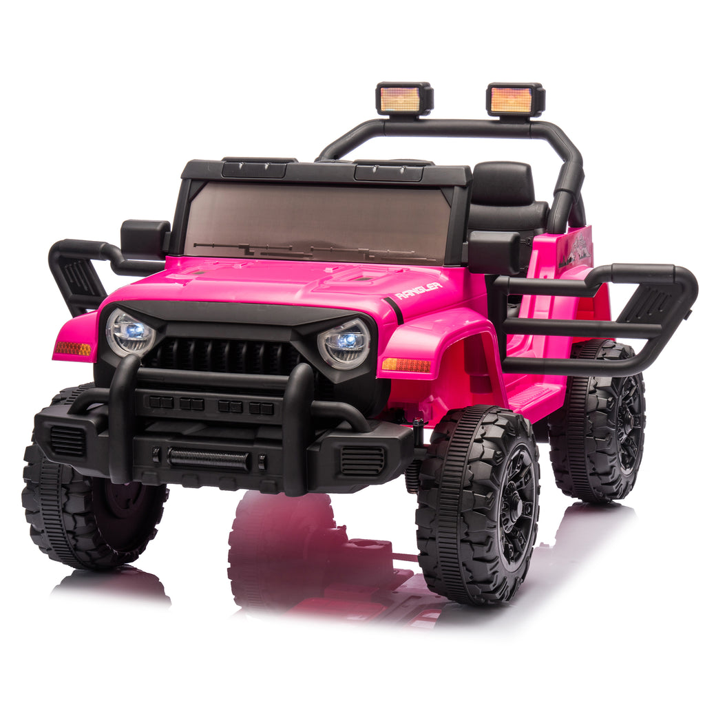 Track 7 12V Kids Ride on Pickup Truck, Dual Drive, 4-Wheel Suspension, with Headlights, Remote Control, Music, Bluetooth, MP3, Slow Start for Kids Aged 3-8, Rose Red