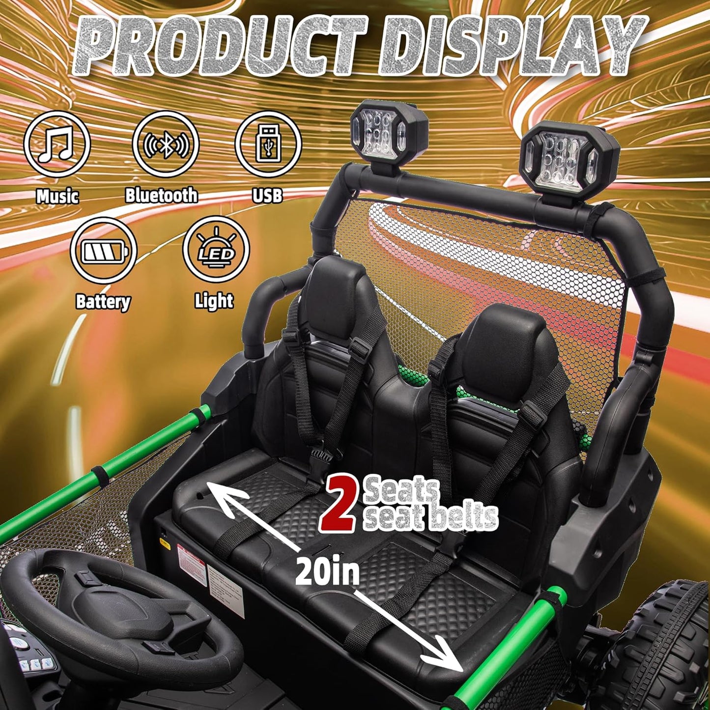 Track 7 24V Ride on Car for Kids, 2 Seater Ride on UTV with Remote Control, 20" Seat Width, 400W Electric Car, LED Lights, Rear Searchlight, Bluetooth, Rear Storage, 5 mph High Speed, Green