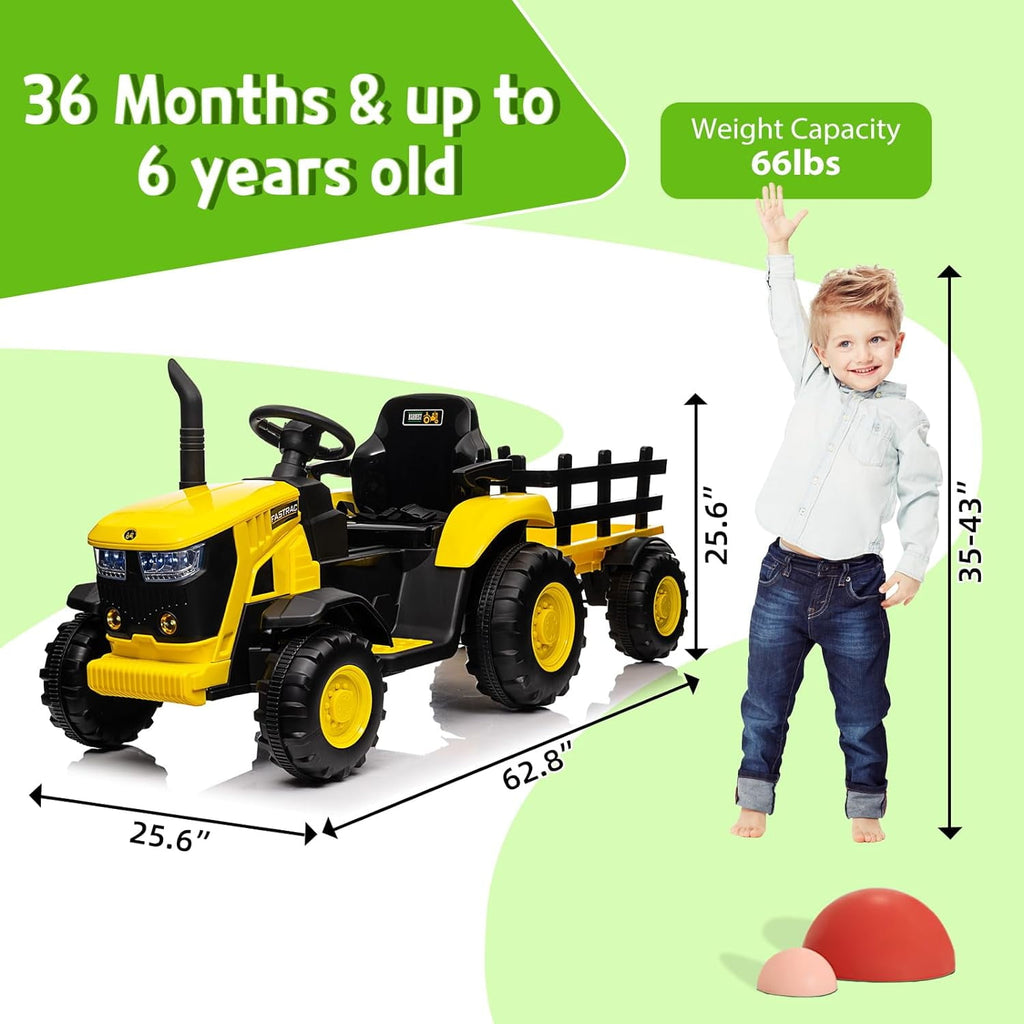 Track 7 12V Kids Ride on Tractor, Electric Tractor and 35W Dual Motors for Kids with Remote Control, Bluetooth Music/USB, 3-Gear-Shift, Safety Belt, 7-LED Lights, Yellow