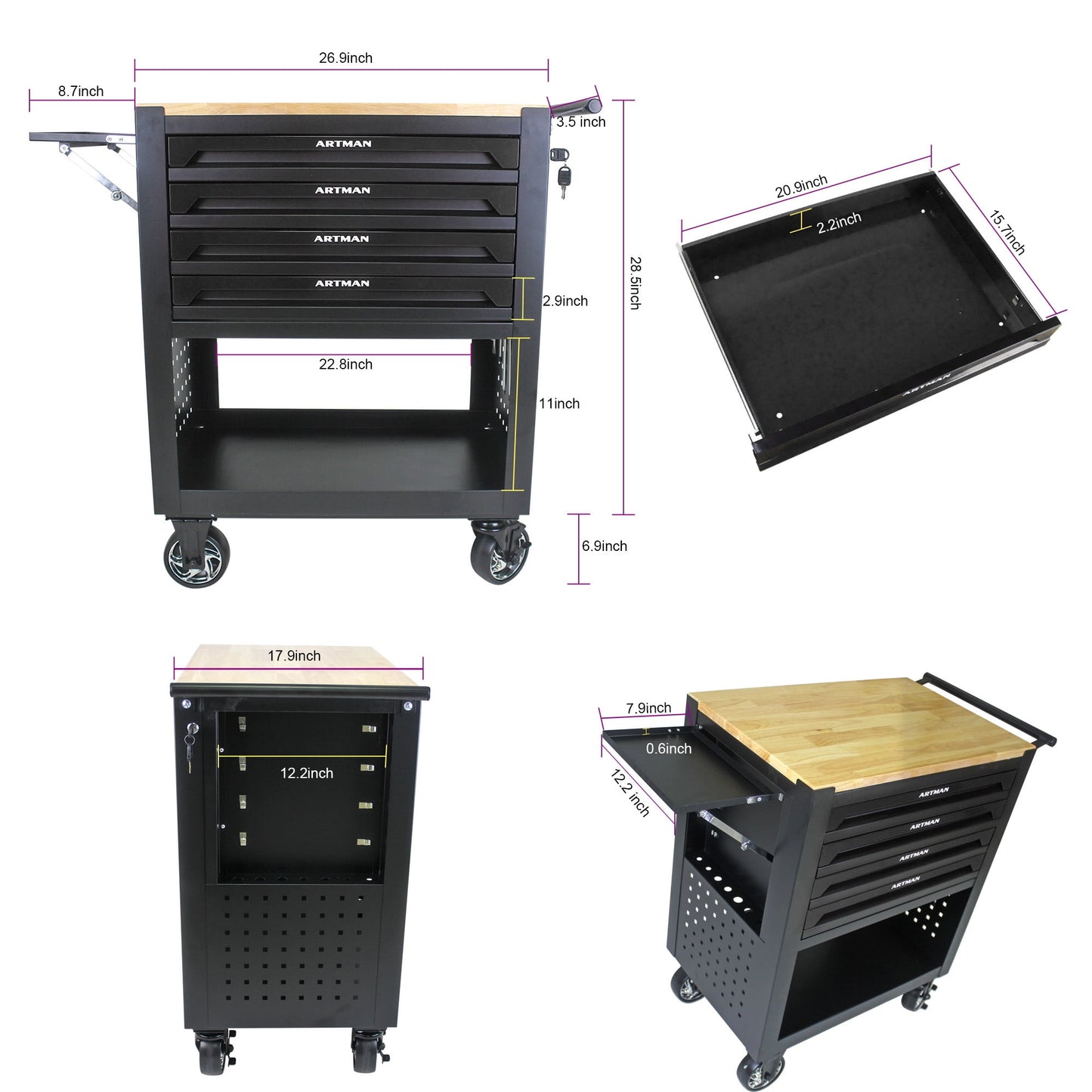 COOKCOK 4 Drawers Multifunctional Tool Cart With Wheels And Wooden Top, 30.30"L x 17.90"W x 35.40"H, Black