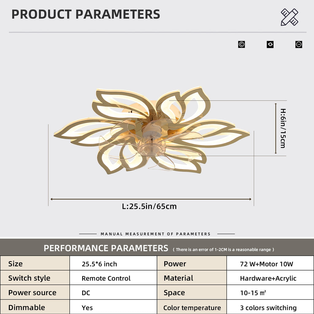 COOKCOK 25.5In Celling Fans with Lights, Flower Shape LED Ceiling Fan Lamp, 3 Color Dimming Timing 6 Wind Speed Fan Light with Remote