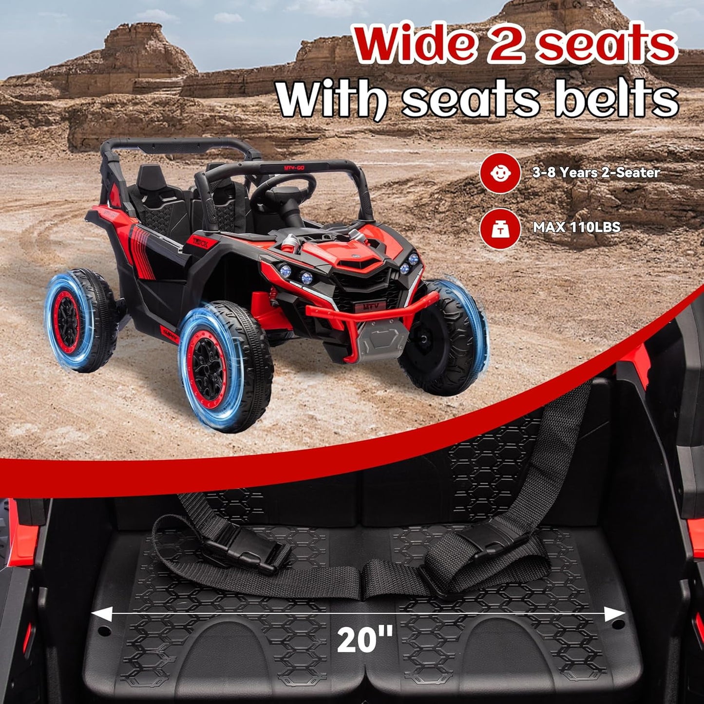 Track 7 24V 2-Seater Ride on UTV, 20" Large Seat, 2 x 200W Powerful Motors, 4.5 mph Max Speed, Ride on Car w/Remote Control, MP3, Lights, Battery Powered Electric Car for Boys Girls Age 3+, Blue