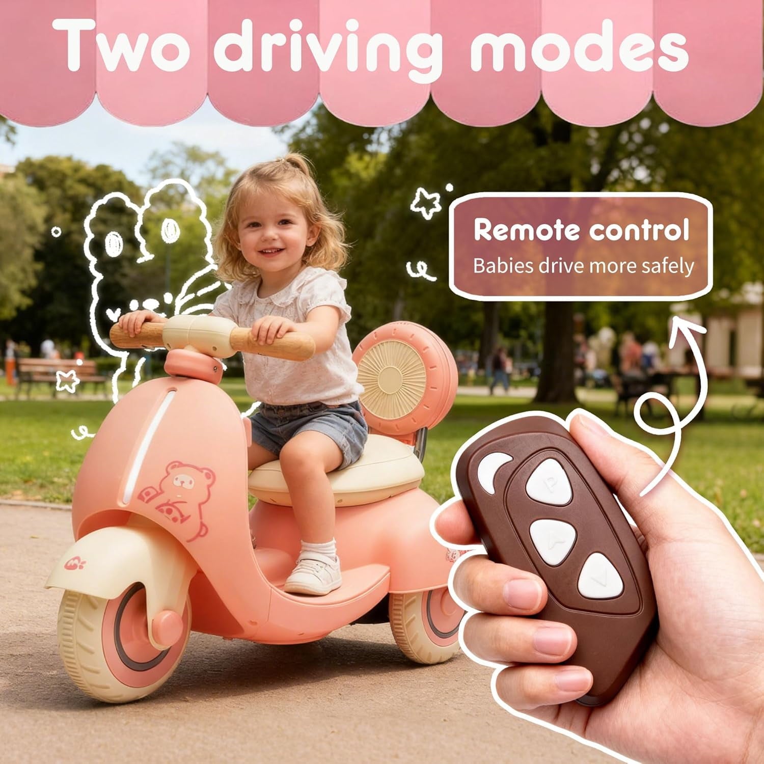 Track Seven 12V Ride on Motorcycle, 3-Wheel Toddler Electrc Scooter with Remote Control, Bluetooth, Wide Seat, Wooden Handle, Slow Start, Electric Motorycle for Boys Girls Aged 1-3 Years, Pink