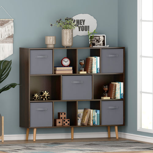 COOKCOK 11-Cube Storage Organizer, Bookshelf with Storage Bins, 4 Tier Freestanding Open Bookshelf with 5 Nonwoven Fabric Drawers,Brown
