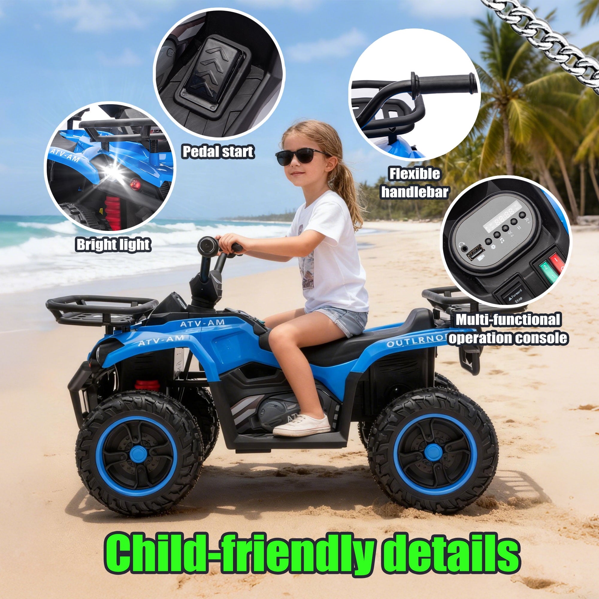 Track Seven 24V Ride on ATV, Kids ATV 4 Wheeler Quad Ride on Toy with Bluetooth, Crash Bar, Front & Rear Storage Rack, Power Display, LED Lights, Electric ATV for Boys Girls Aged 3+