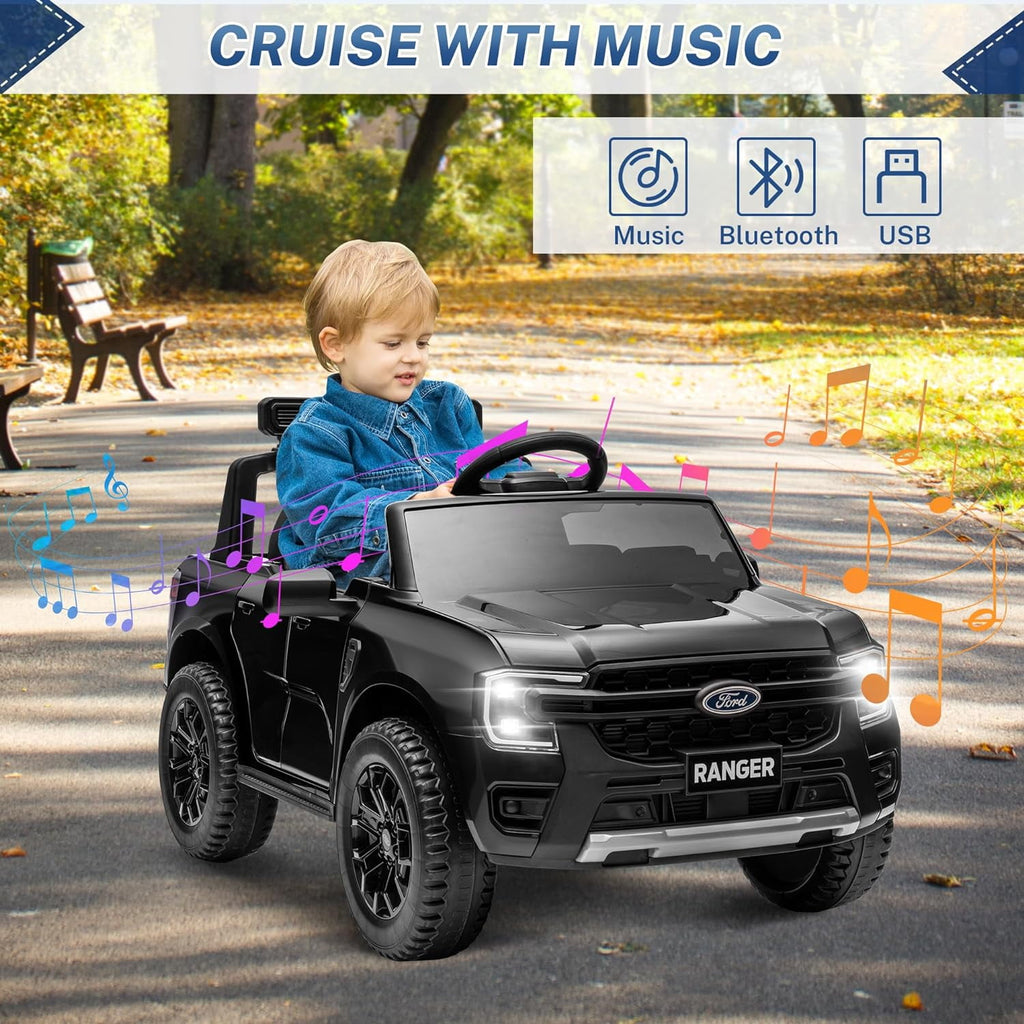 Track 7 12V Kids Ride on Pickup Truck, Licensed Ford Ranger, Electric Vehicle Ride on Toy Car with Remote Control, Music Player, LED Lights, Bluetooth, Soft Start, Gift for Kids Ages 3-6, Black