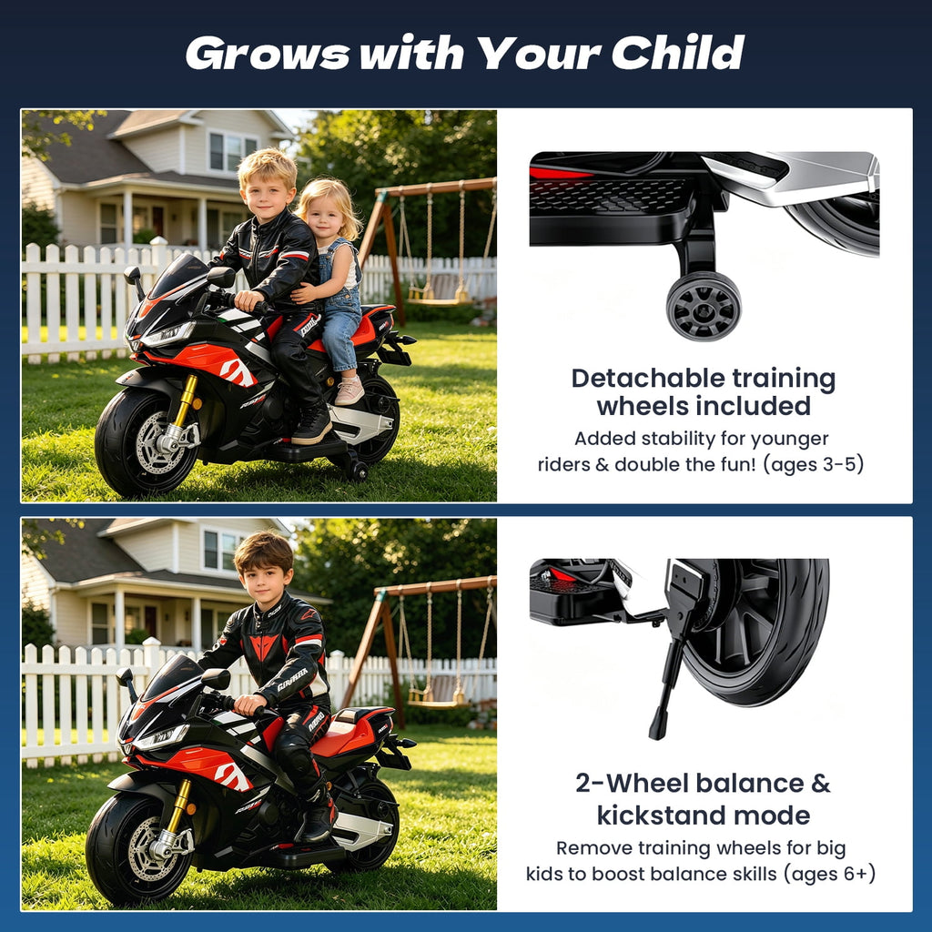 Track Seven 24V Ride on Motorcycle, Licensed Aprilia RSV4 Electric Motorcycle with Training Wheels, LED Lights, Music, Large Seat, Max 5 Mph, 24V Ride on Toy Car for Boys Girls Aged 3+, Black