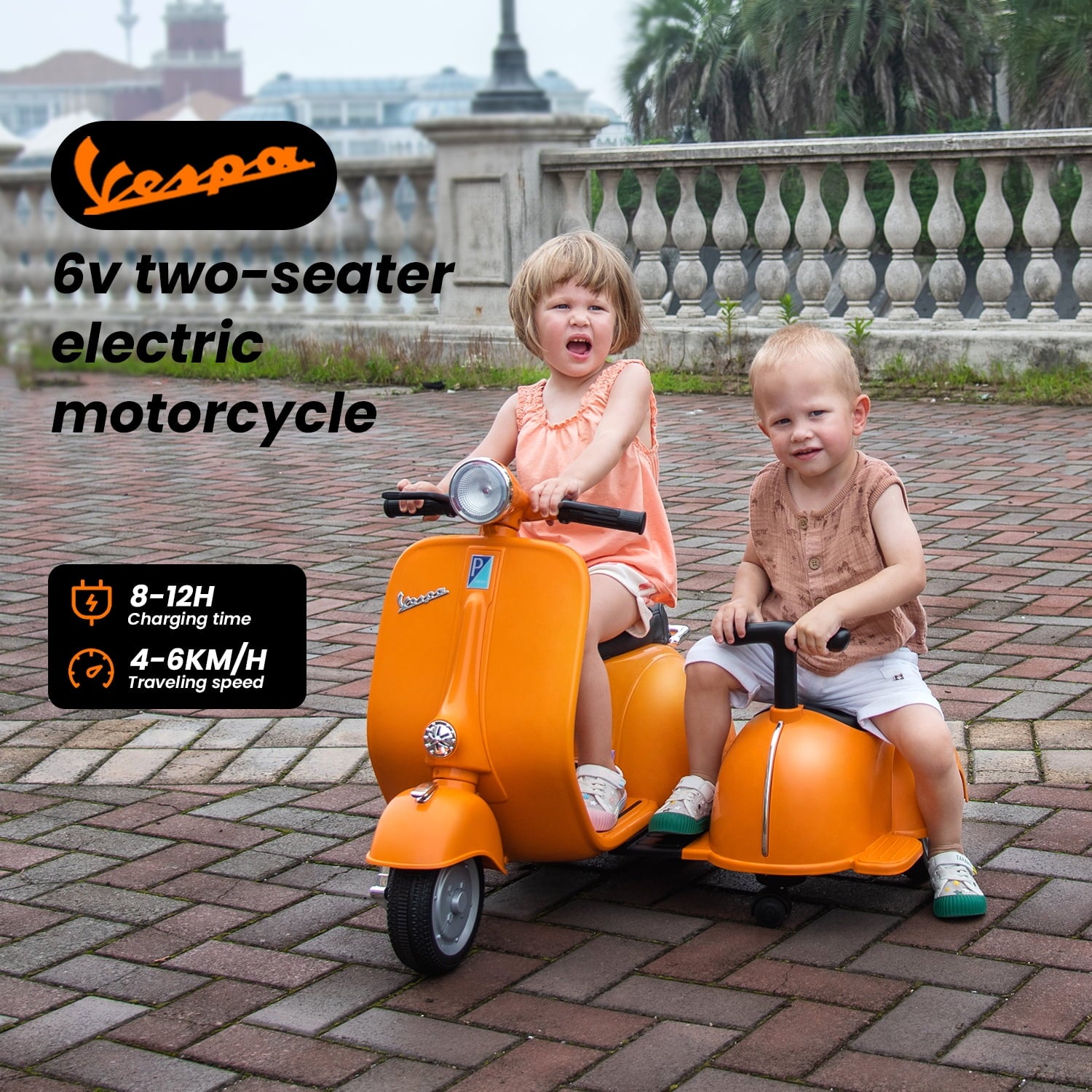 LISUEYNE Licensed Vespa Ride on Motorcycle with Side Car, 2-Seater Electric Car for Kids, Music, Storage Bin, Max Speed 3.7mph, Orange