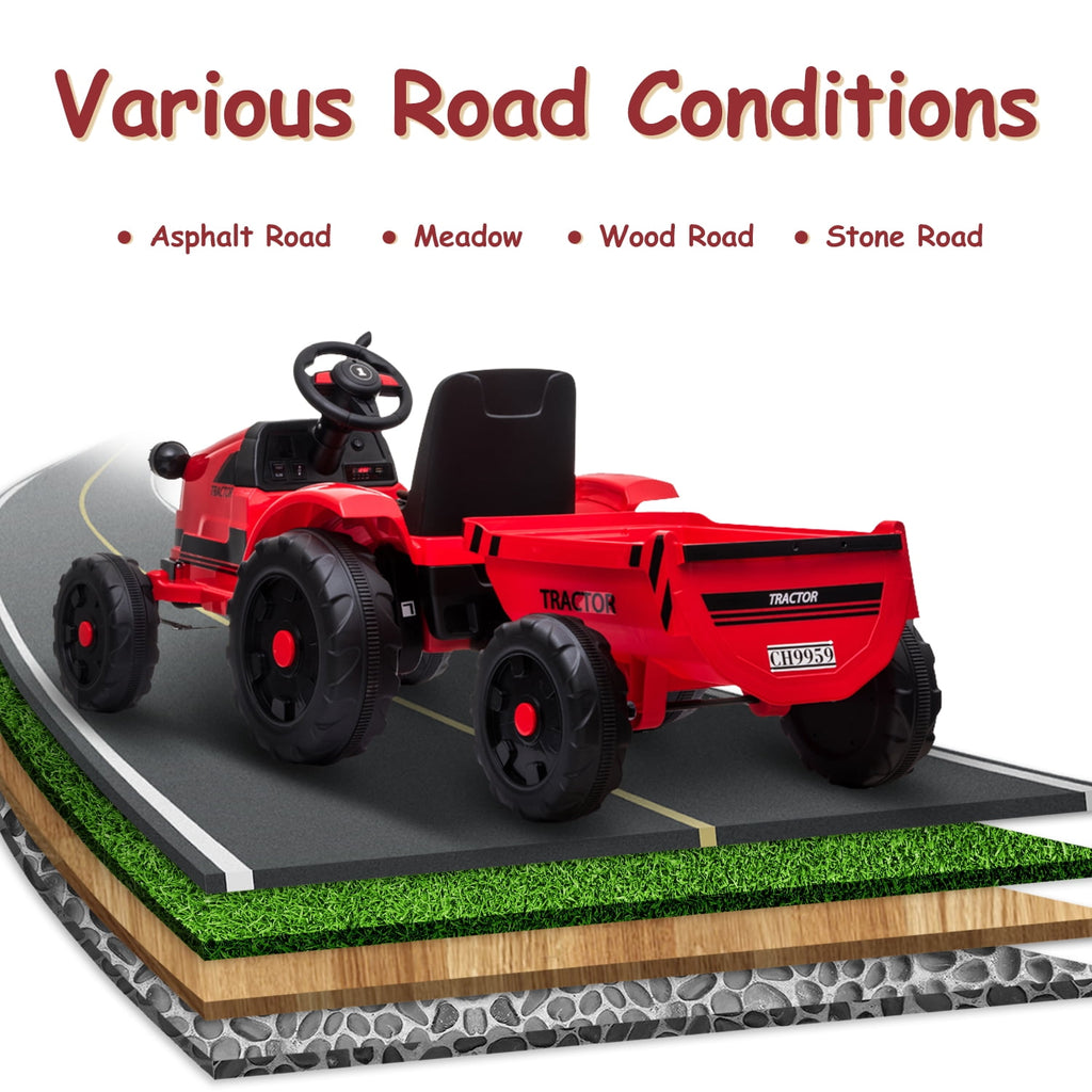Track 7 12V Ride on Tractor with Trailer, 6-Wheel Electric Truck for Boys Girls, Kids Ride on Car with Remote Control, Music, Lights, Red