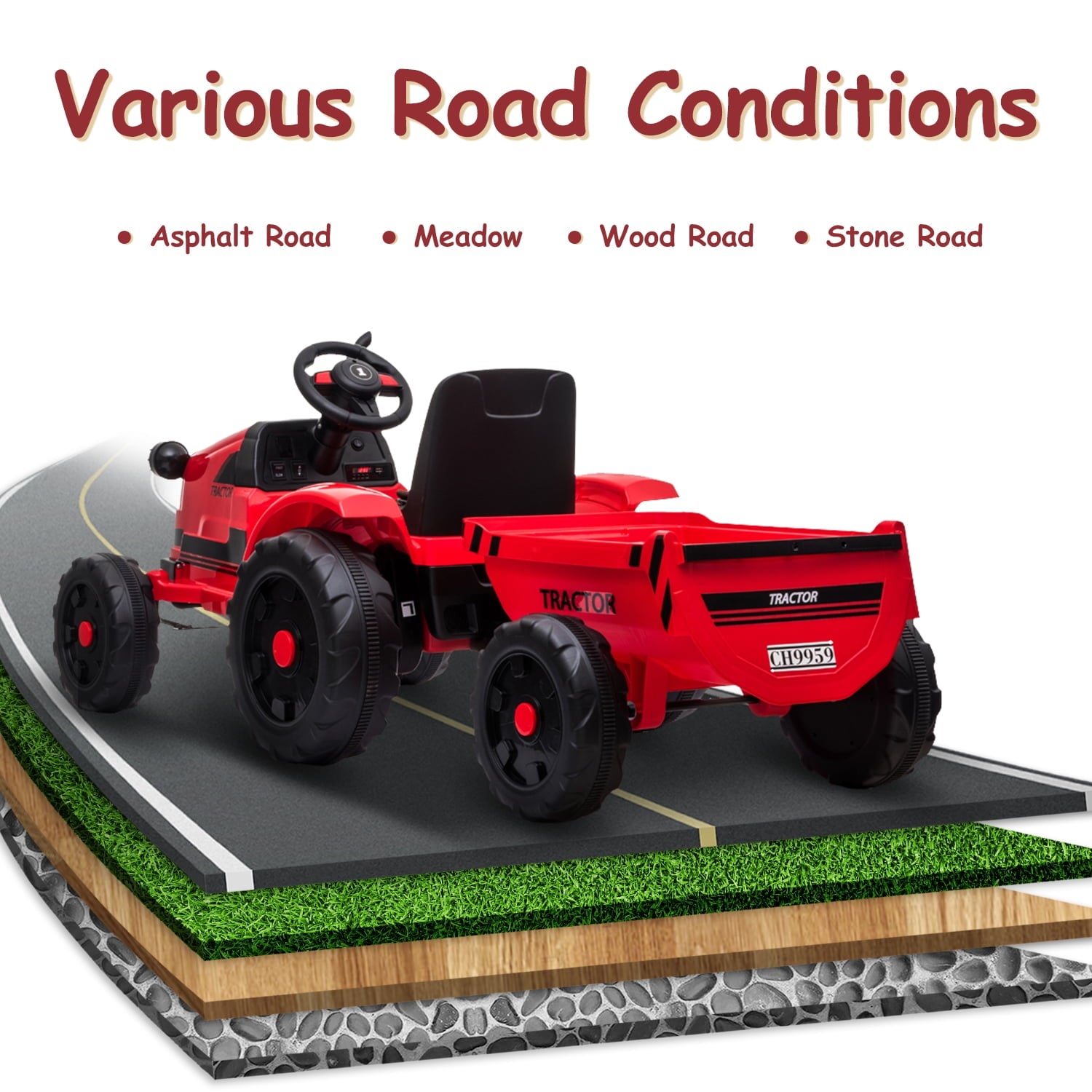 Track 7 12V Ride on Tractor with Trailer, 6-Wheel Electric Truck for Boys Girls, Kids Ride on Car with Remote Control, Music, Lights, Red