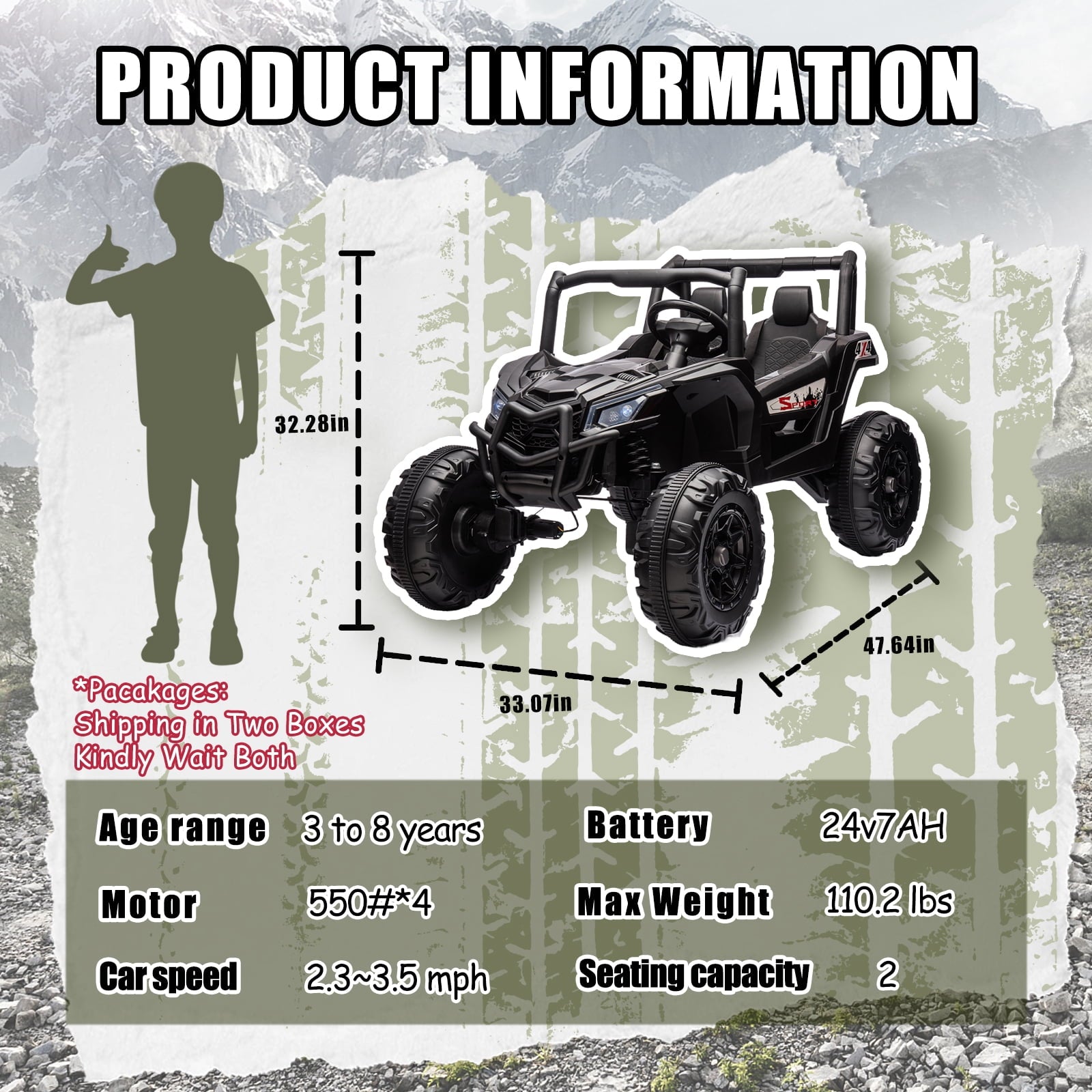Track 7 24V Ride on UTV, 2-Seater Ride on Car with Remote Control, Music, 2 Speed, Key Start, 4x4 Ride on Off-Road Truck, Black
