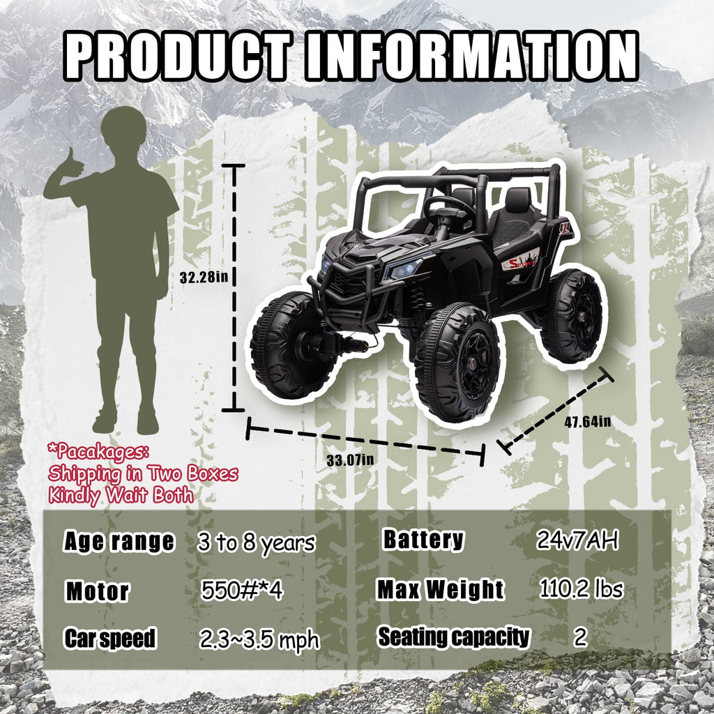 Track 7 24V Ride on UTV, 2-Seater Ride on Car with Remote Control, Music, 2 Speed, Key Start, 4x4 Ride on Off-Road Truck, Black