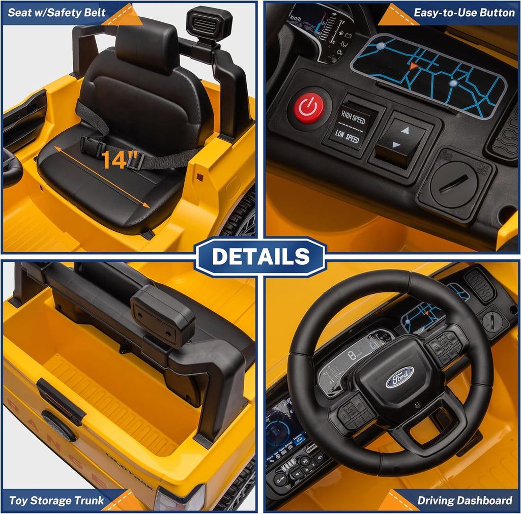Track 7 12V Kids Ride on Pickup Truck, Licensed Ford Ranger, Electric Vehicle Ride on Toy Car with Remote Control, Music Player, LED Lights, Bluetooth, Soft Start, Gift for Kids Ages 3-6, Yellow