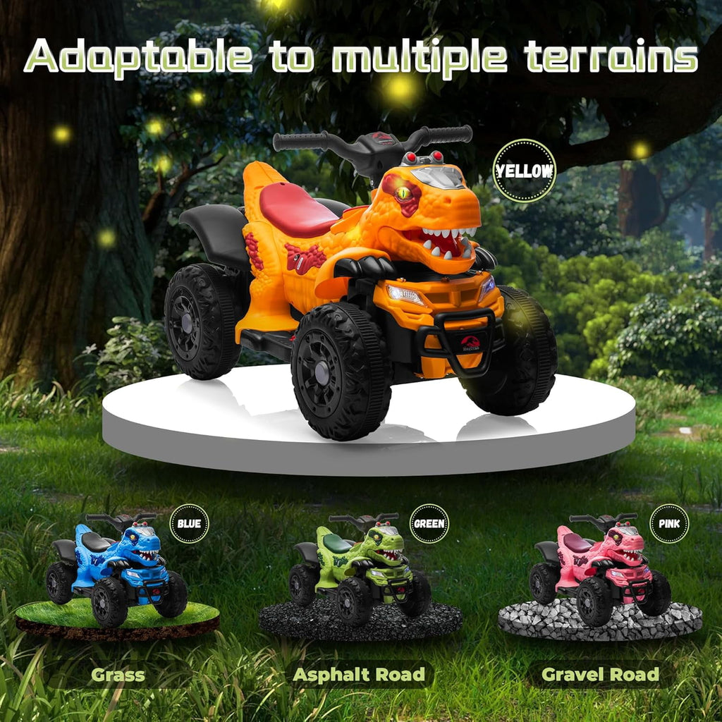 Track Seven 12V Ride-On ATV, Dinosaur Shape Electric Car, 2WD, Music, Bluetooth & Microphone, Power Display, Indoor& Outdoor Ride-On Toy Car for Boys Girls Age 2+, Yellow