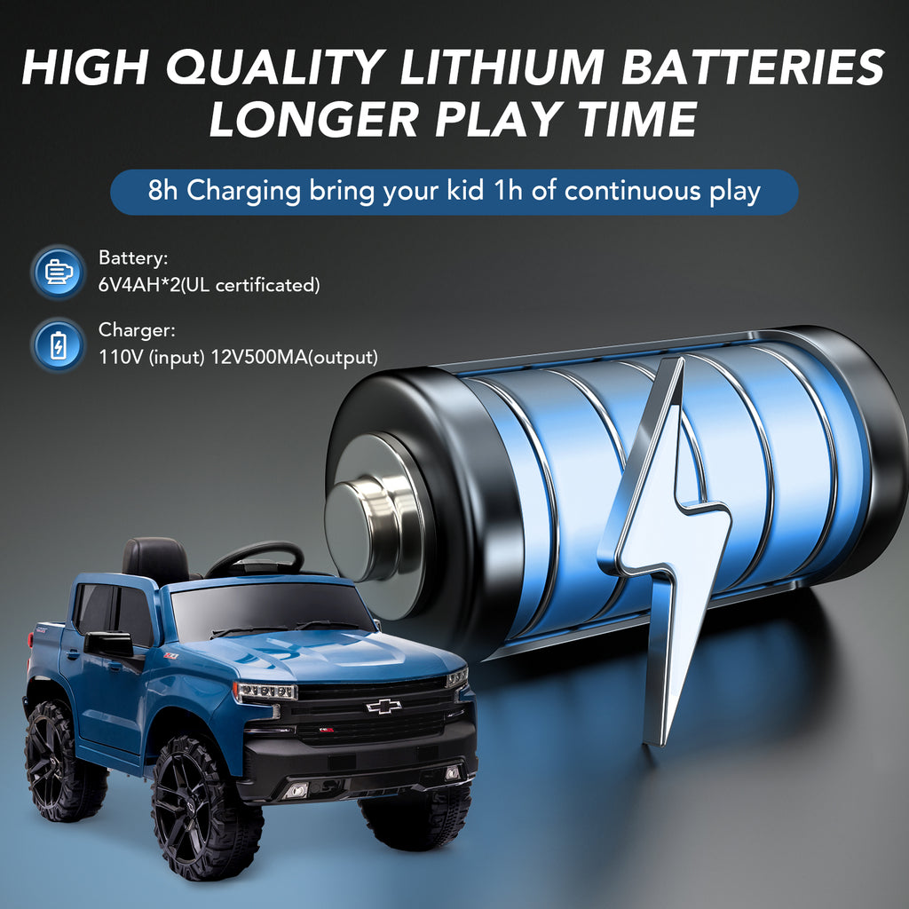Track 7 Kids Ride on Car, 12V Chevrolet Silverado Electric Car for Boys Girls, Ride on Truck with Remote Control, Music, Age 3+, Blue