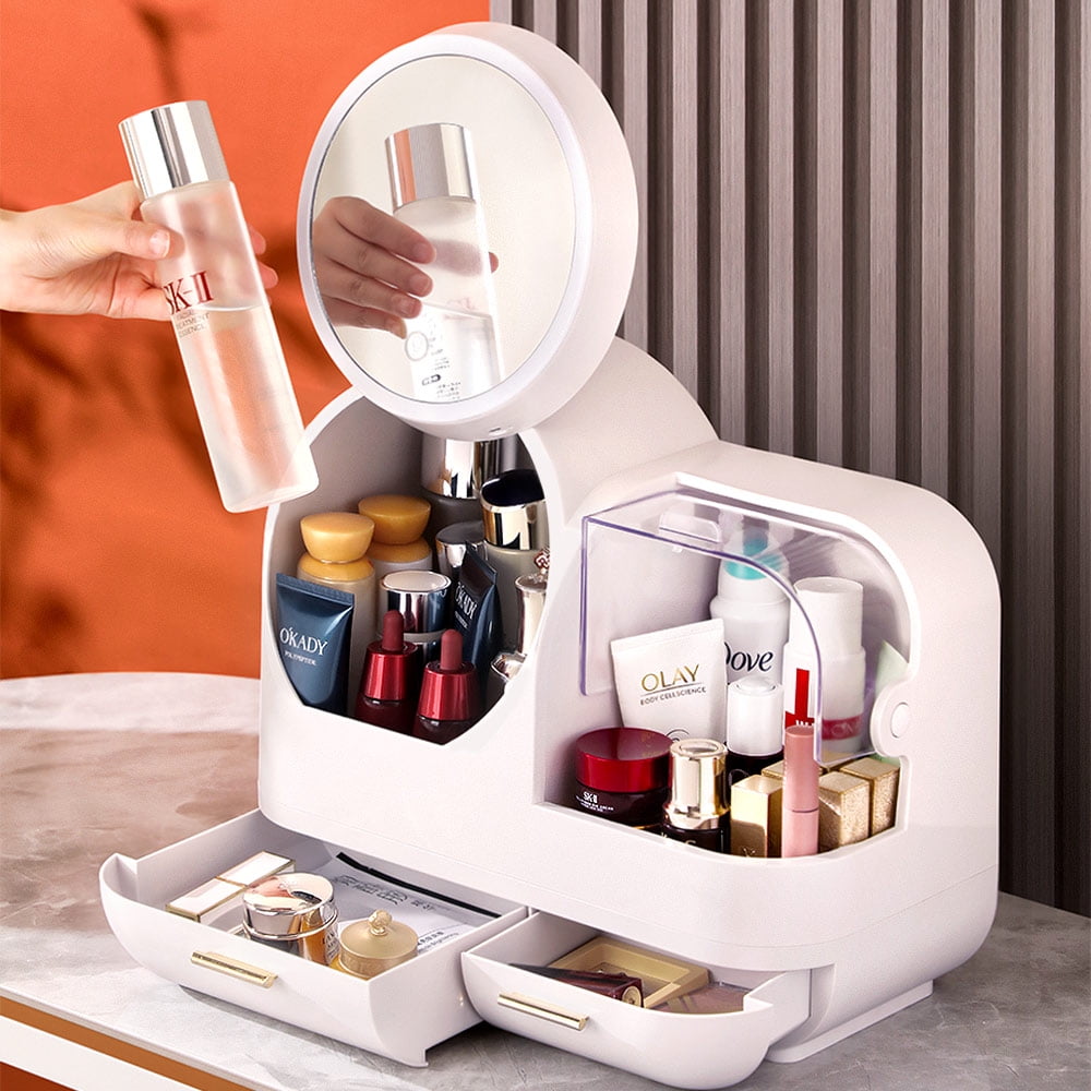 COOKCOK Makeup Storage Organizer,  Standing Countertop Multifunctional Cosmetic Organizer with Fan and 360° Rotating 3 Color Adjustable LED Mirror, White