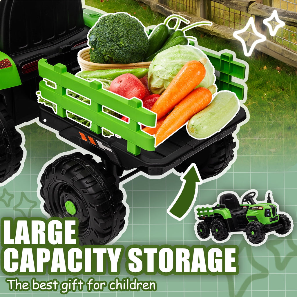 Track 7 12V Ride on Tractor with Trailer, 3-Gear-Shift Ground Loader, Kids Ride on Car with Remote Control, Bluetooth, Music, LED Lights, Electric Car for Boys Girls, Light Green