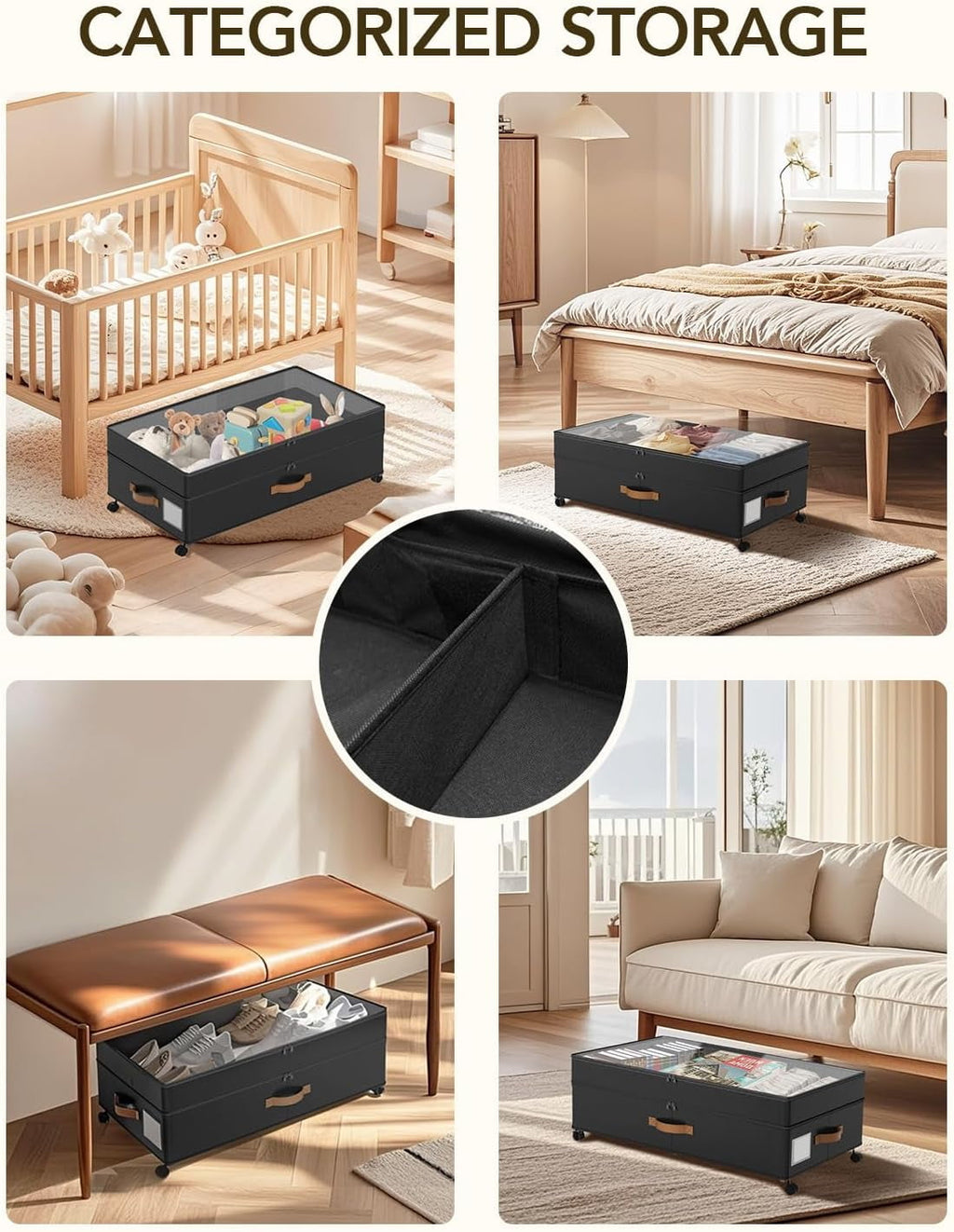 COOKCOK Under Bed Storage with Wheels, 72L XXL Under the Bed Storage Containers Large, 11‘’ Tall Adjustable Storage for Underbed with Lids, Rolling for Shoes, Clothes, Blankets, Black