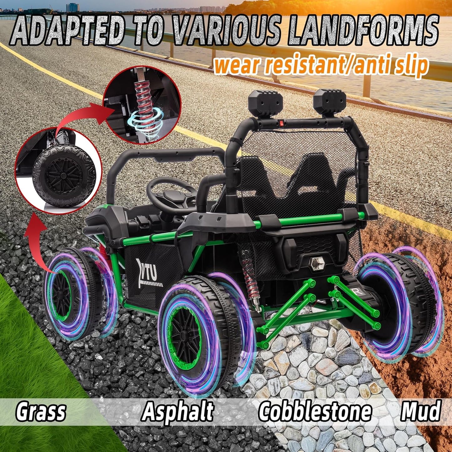 Track 7 24V Ride on Car for Kids, 2 Seater Ride on UTV with Remote Control, 20" Seat Width, 400W Electric Car, LED Lights, Rear Searchlight, Bluetooth, Rear Storage, 5 mph High Speed, Green