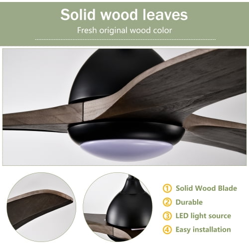 COOKCOK 52" Ceiling Fans with 3 Solid Wood Blades, Wood Ceiling Fans with Light and Remote Control, Fans for Patio Living Room, Bedroom, Indoor Ceiling, BLACK