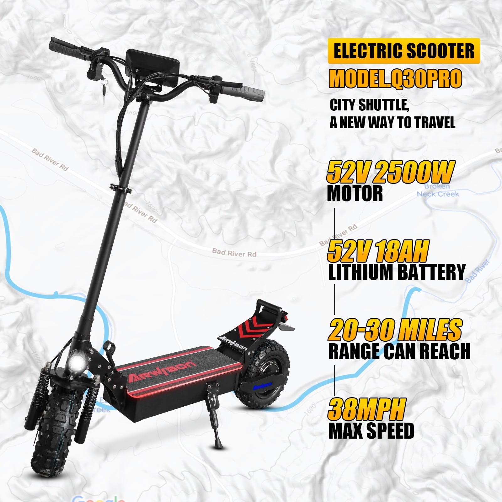 LISUEYNE Electric Scooter for Adults,2500W Motor Adults Kick Scooter,Up to 38 MPH & 20-30 Miles,52V/18AH,11'' Vacuum Off-Road Tire,Hydraulic Disc Braking,Adjustable Height,Folding Electric Scooter