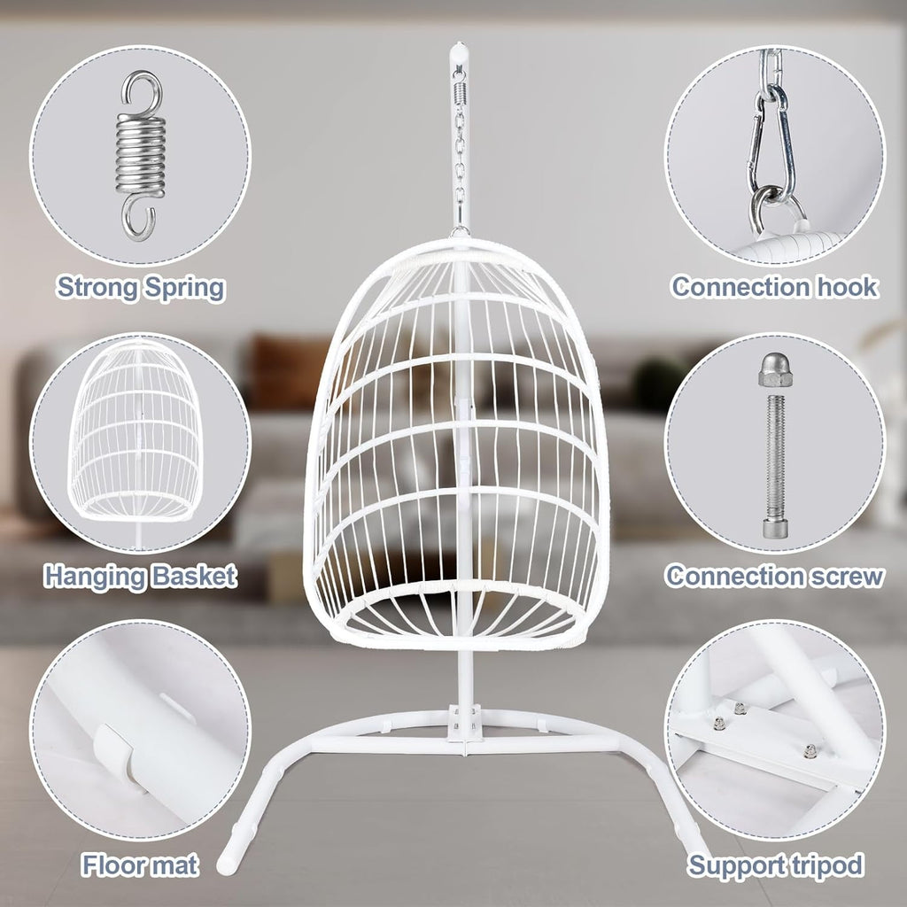 COOKCOK Hanging Egg Chair with Stand, Indoor and Outdoor for Patio, Bedroom, Porch, Garden, 350LBS Capacity, Steel, White