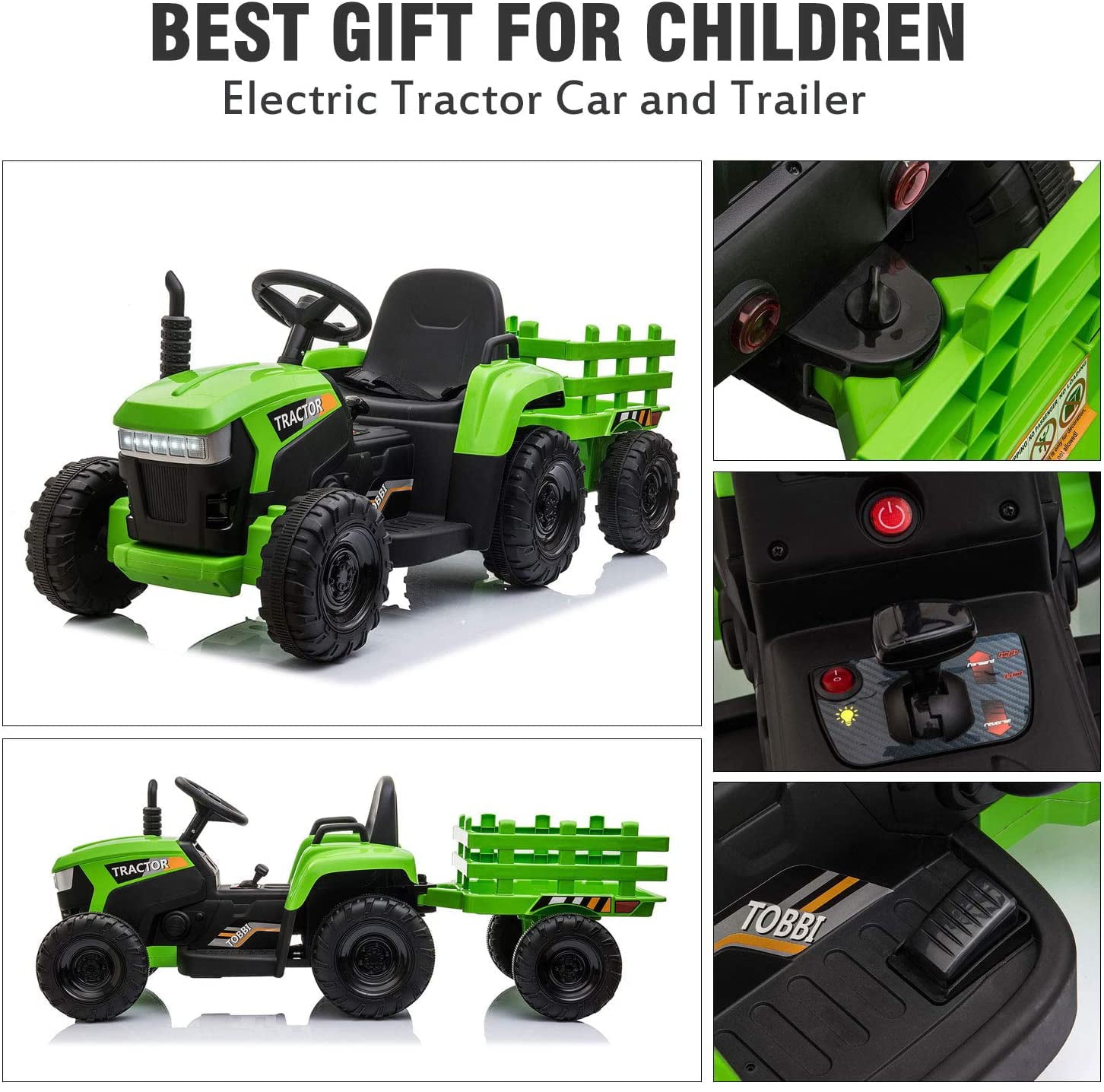 LISUEYNE 12V Ride on Tractor with Trailer,  Electric Car with Music, USB, LED Lights, Ride on Car for Kids Age 3-6 Years, Max Speed 5mph, Green